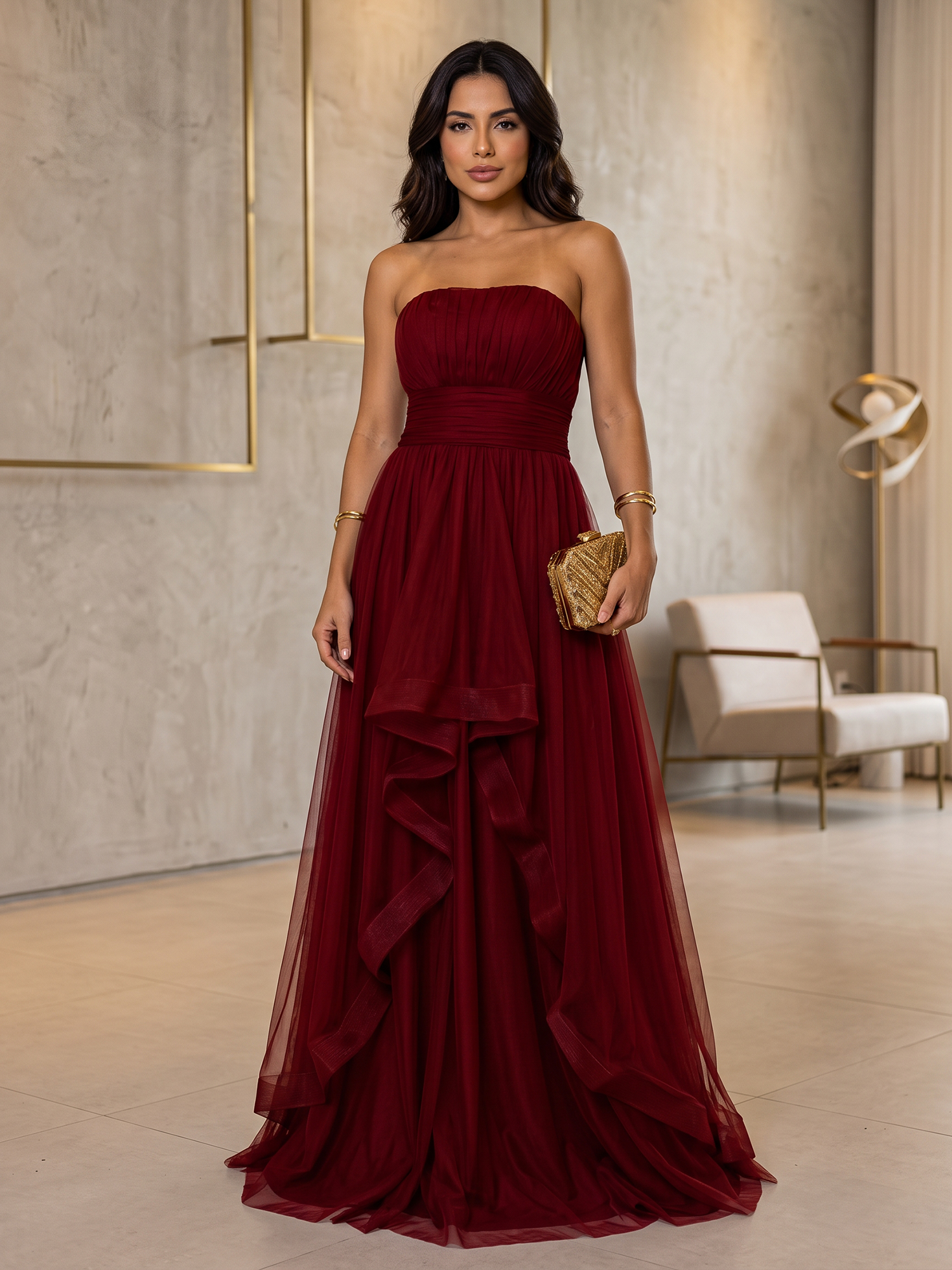 Burgundy Strapless Pleated Tulle A‑Line Floor‑Length Evening Gown