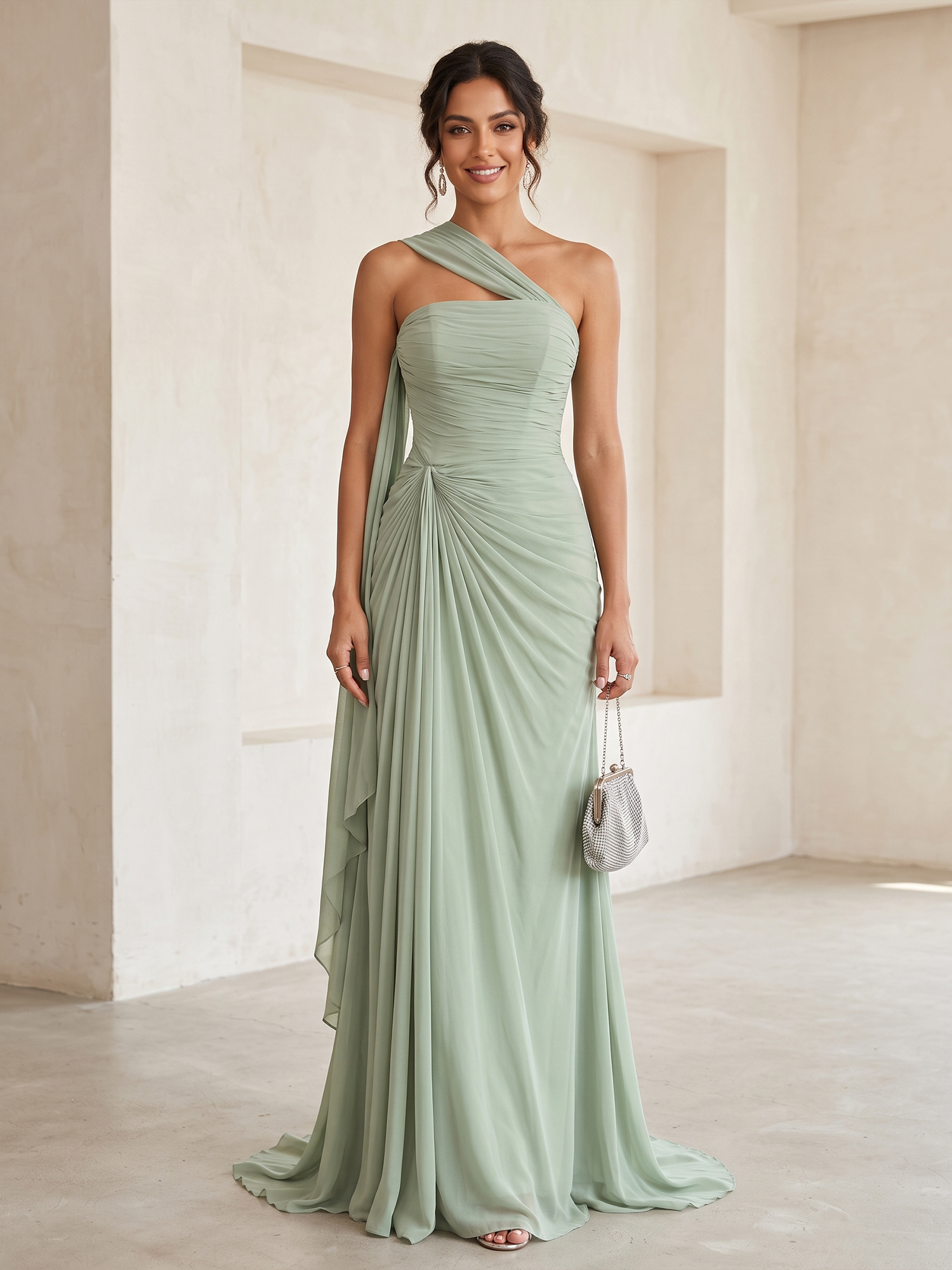 Sage Green One‑Shoulder Draped Chiffon Sweep Train Evening Gown