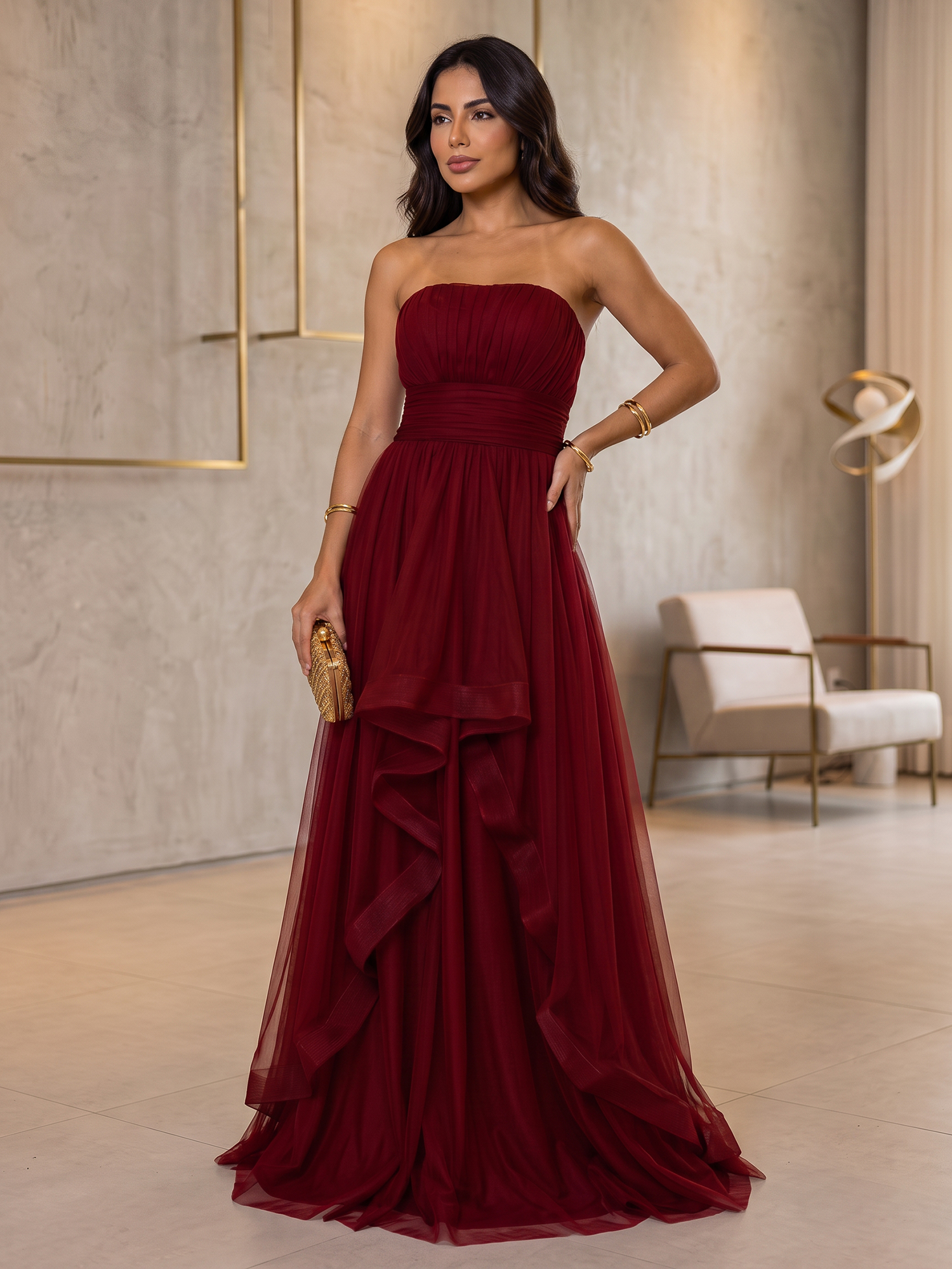 Burgundy Strapless Pleated Tulle A‑Line Floor‑Length Evening Gown