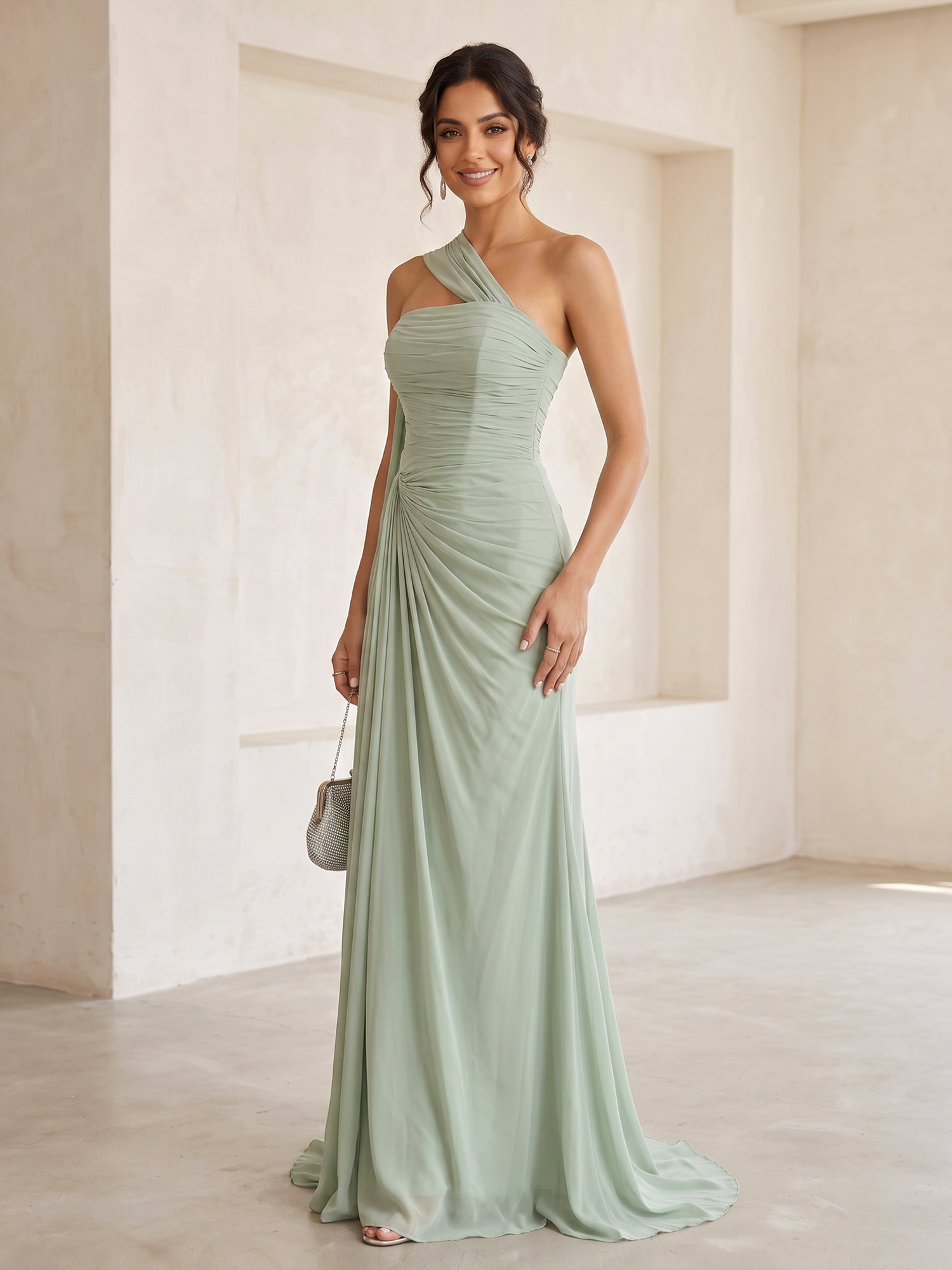 Sage Green One‑Shoulder Draped Chiffon Sweep Train Evening Gown