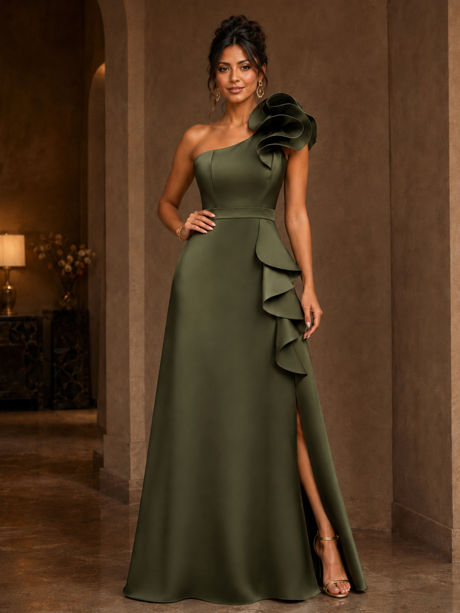 Olive Green One Shoulder 3D Ruffle Satin High Slit A-Line Maxi Gown