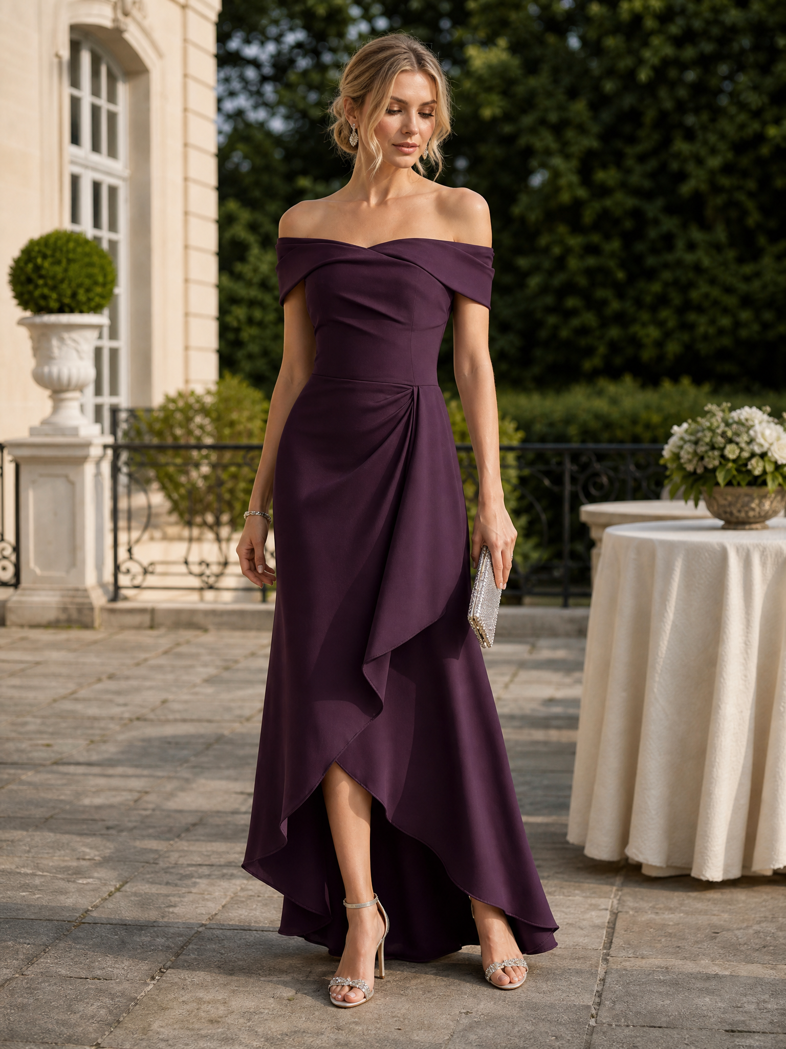 Off the Shoulder Pleat Satin High Low Mermaid Evening Dresses for Women