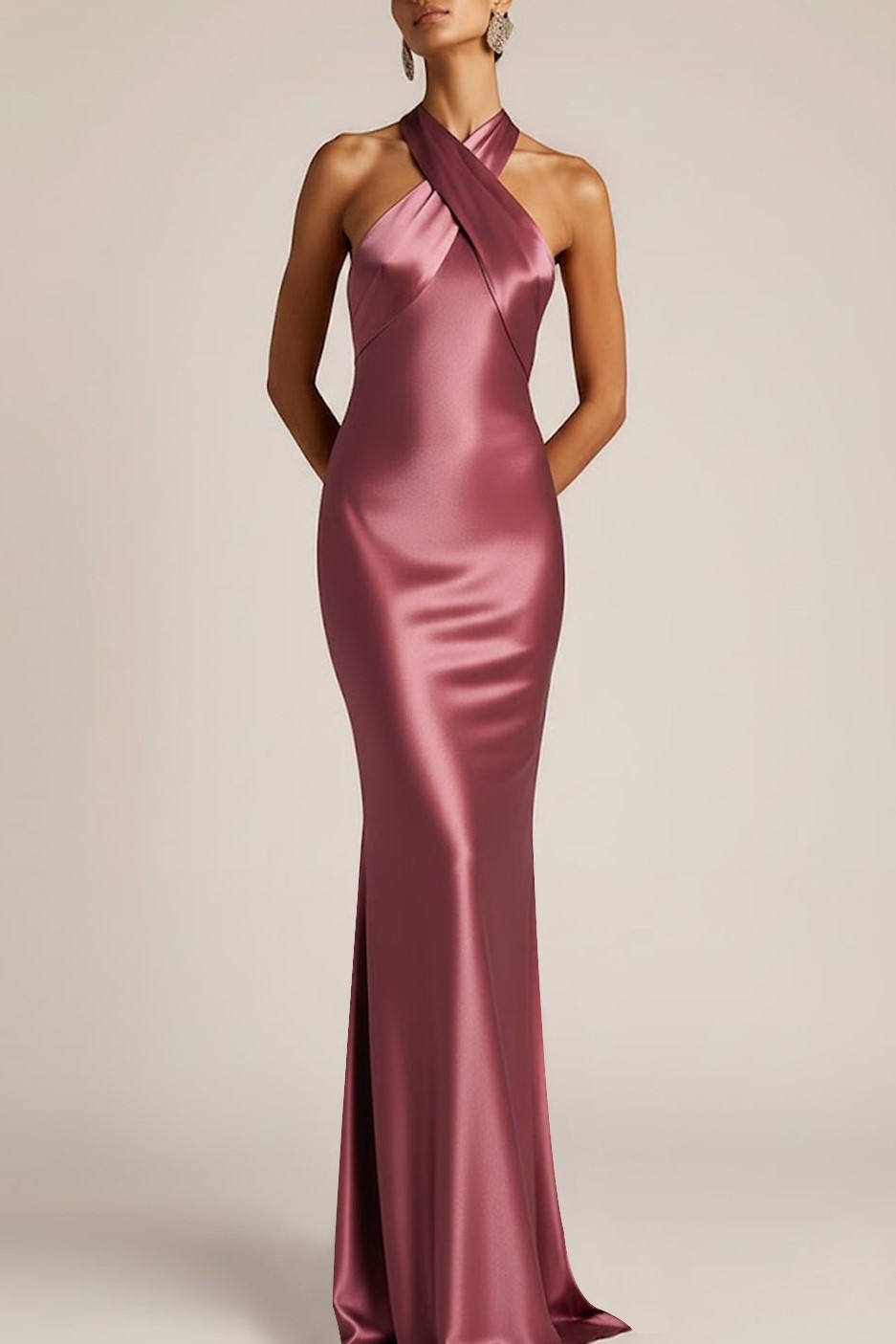 Vintage Rose Wedding Guest Dress Sheath Halter Satin Maxi Dress