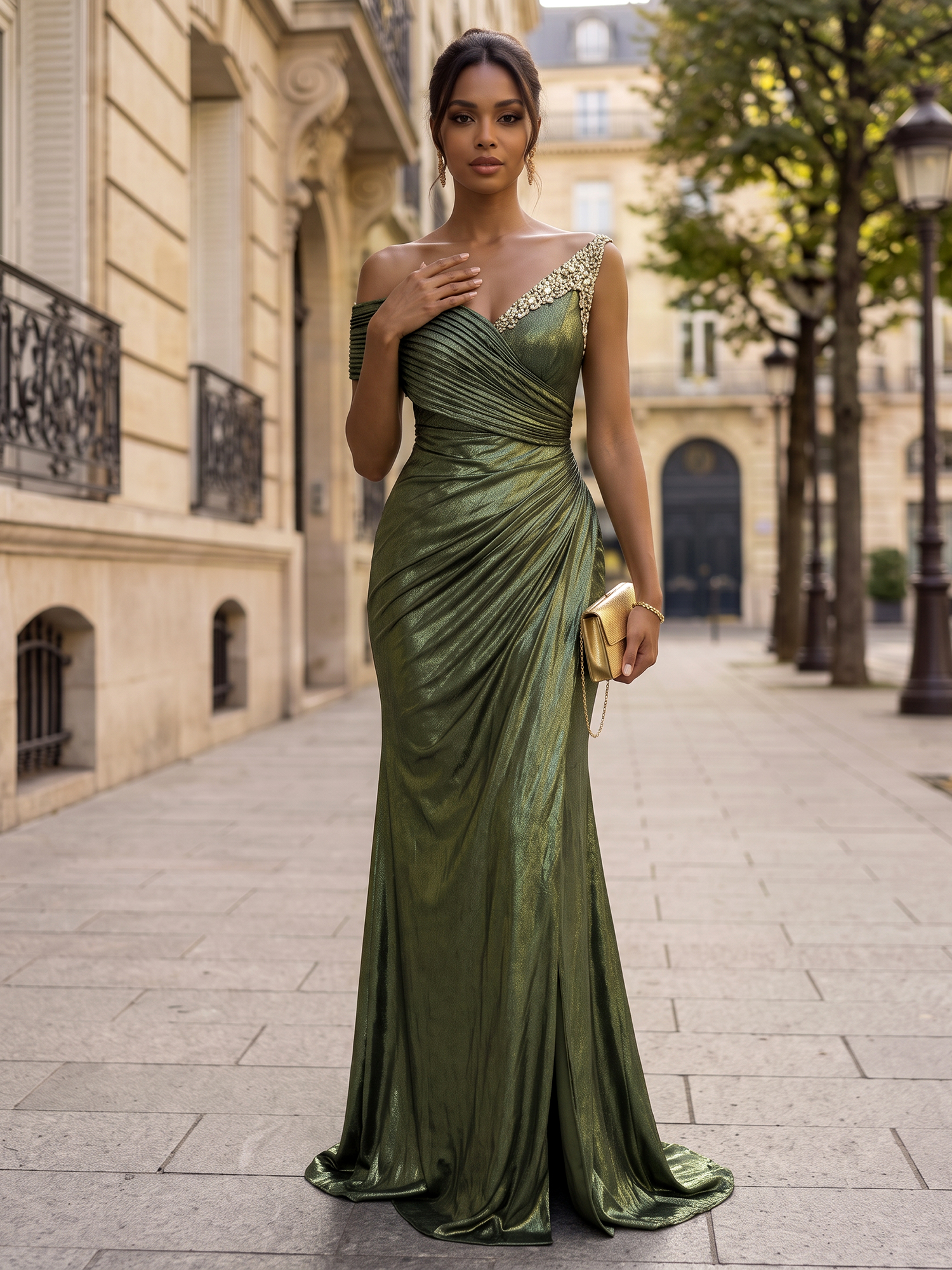 Metallic Olive Green Asymmetrical Neck Ruched Mermaid Gown