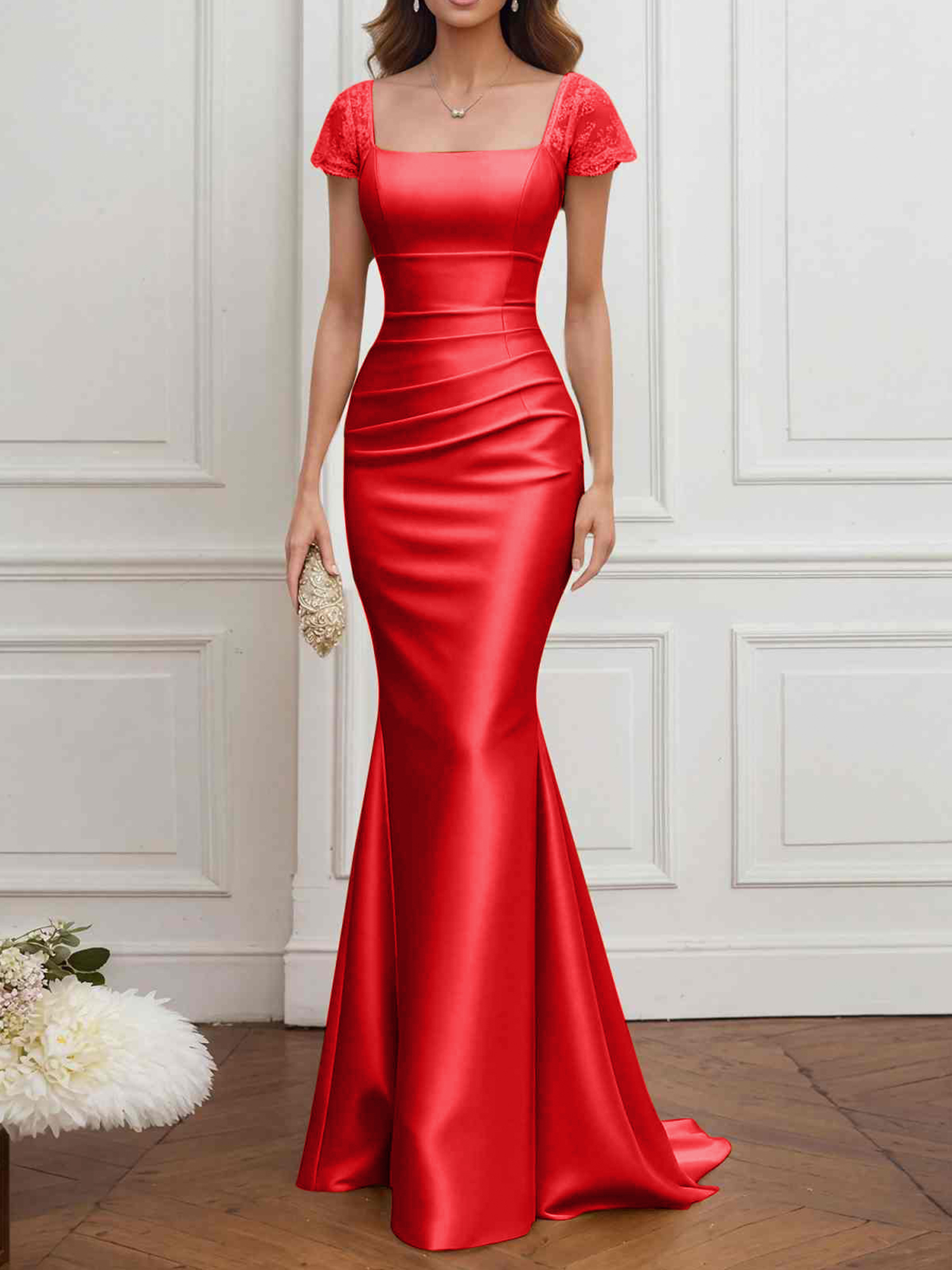 Formal ​Wedding Guest Dress Gold Square Neck Satin Maxi Dress