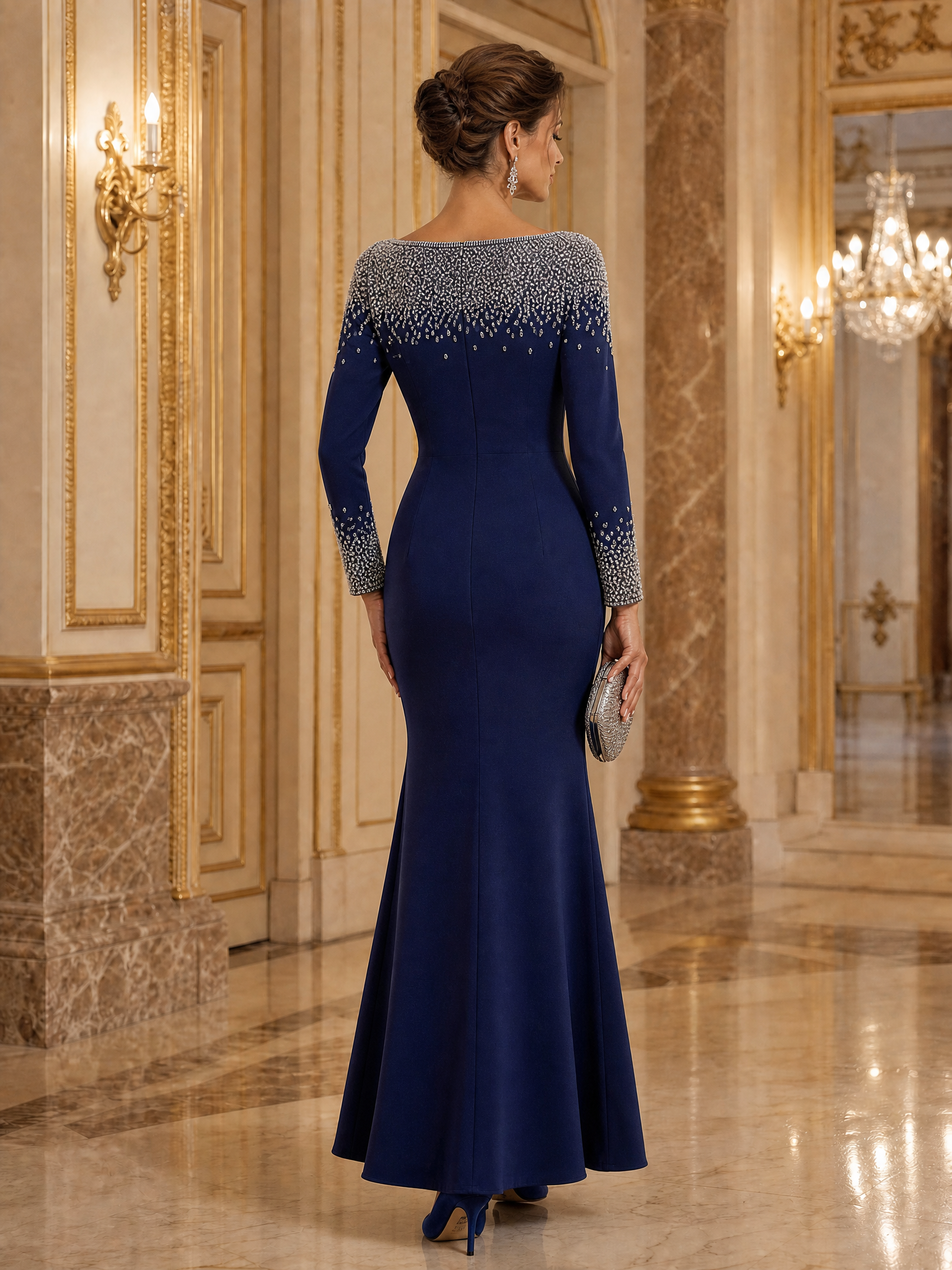Elegant Dress Navy Boat Neck Rhinestone Maxi Dress Mother of the Bride Dress