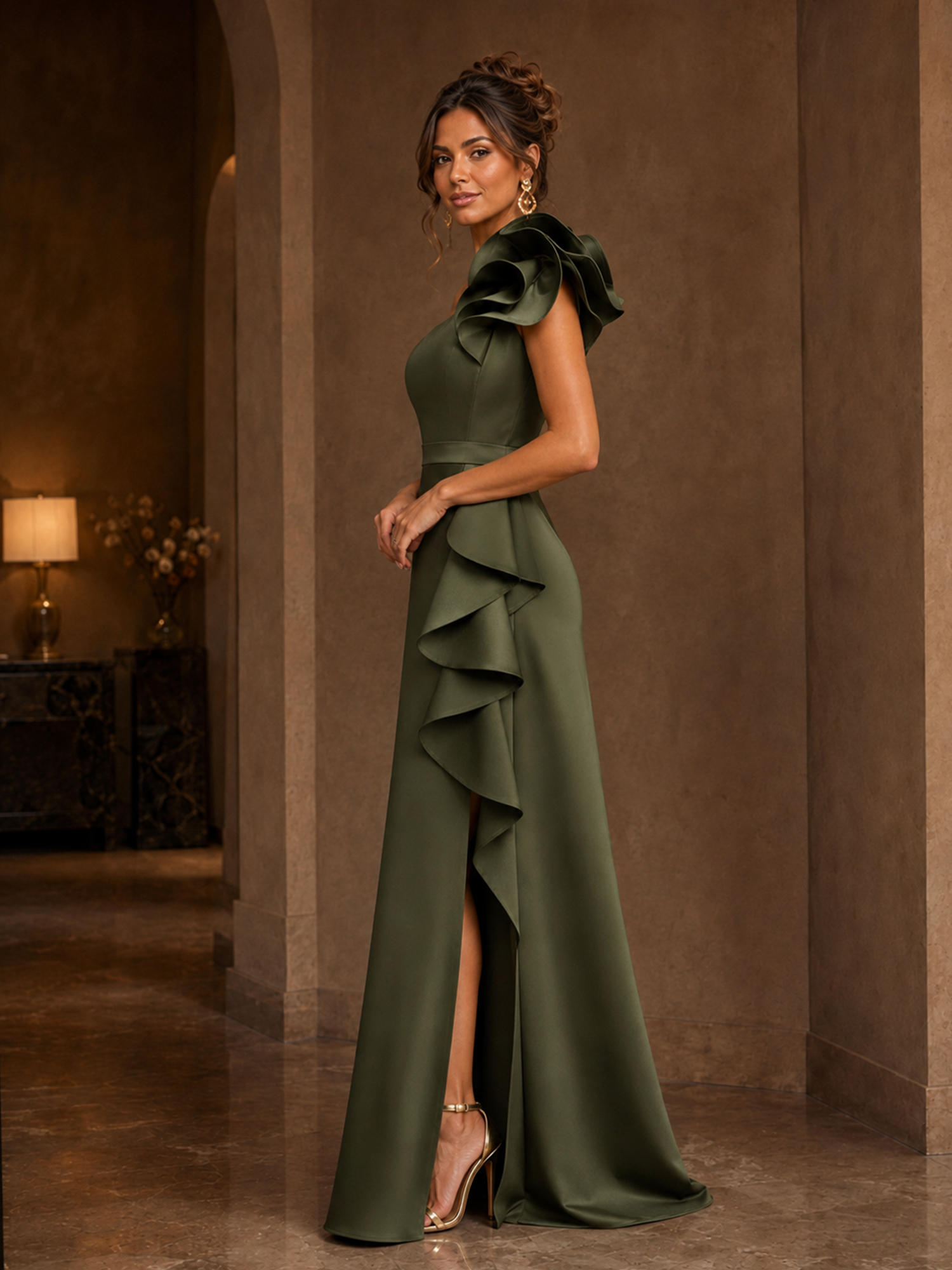 Olive Green One Shoulder 3D Ruffle Satin High Slit A-Line Maxi Gown