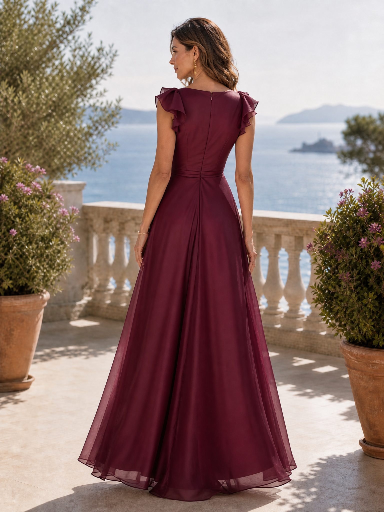 Wine Red Organza Sleeveless Asymmetrical Draped Cinched-Waist Maxi Dress