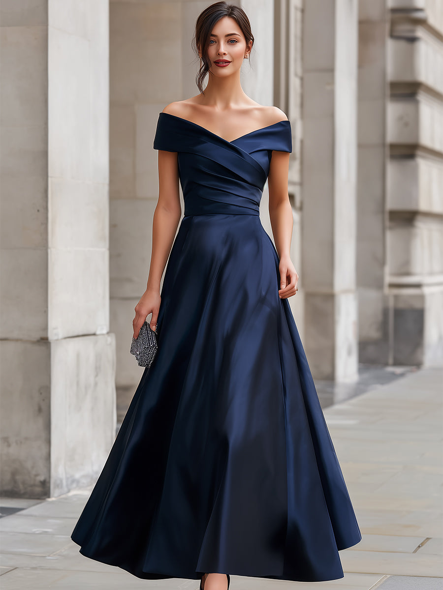 Navy Off-the-Shoulder Satin Gown
