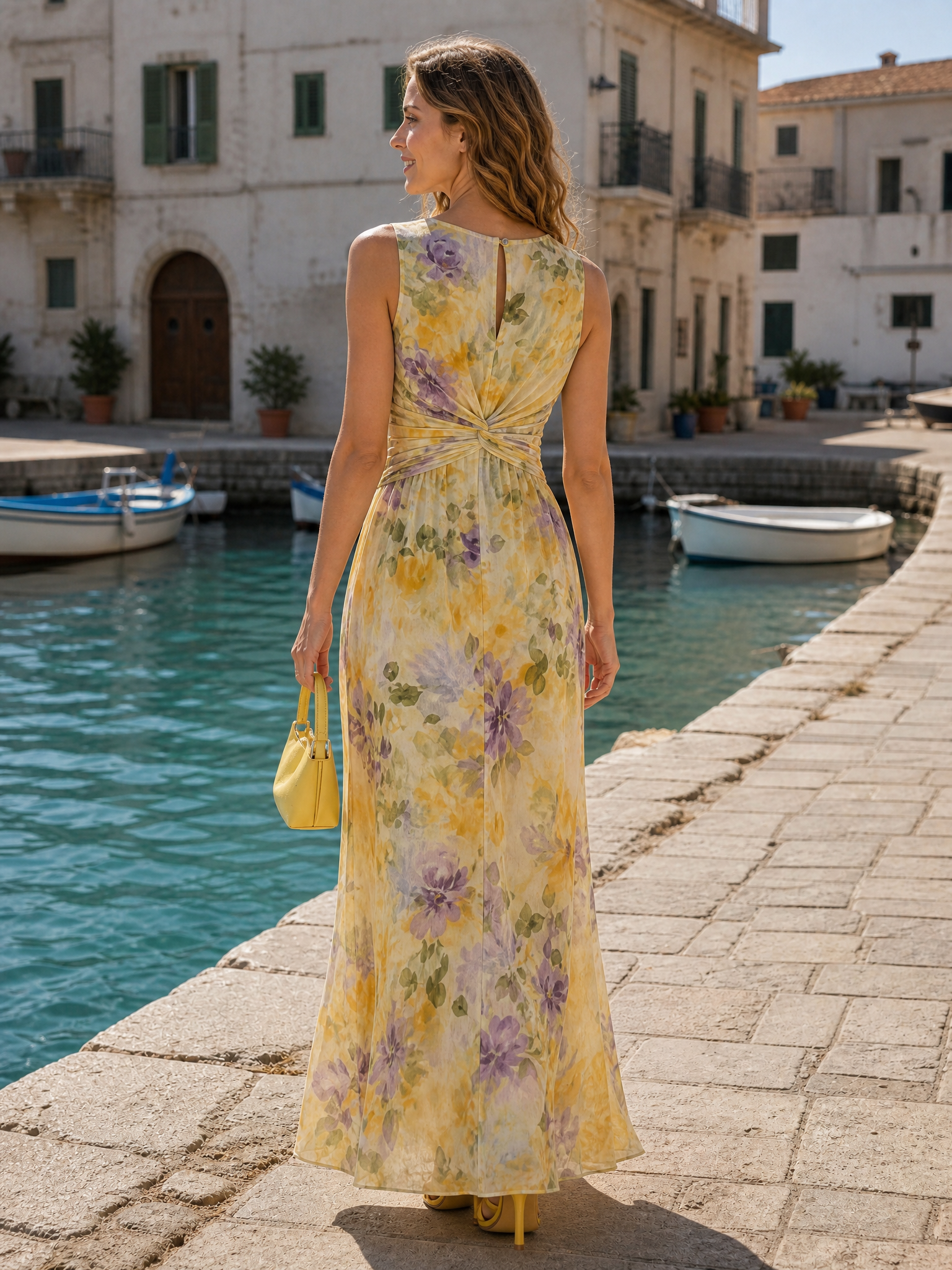 Crew Neck Sleeveless Floor-Length Floral Print Chiffon A-Line Dress