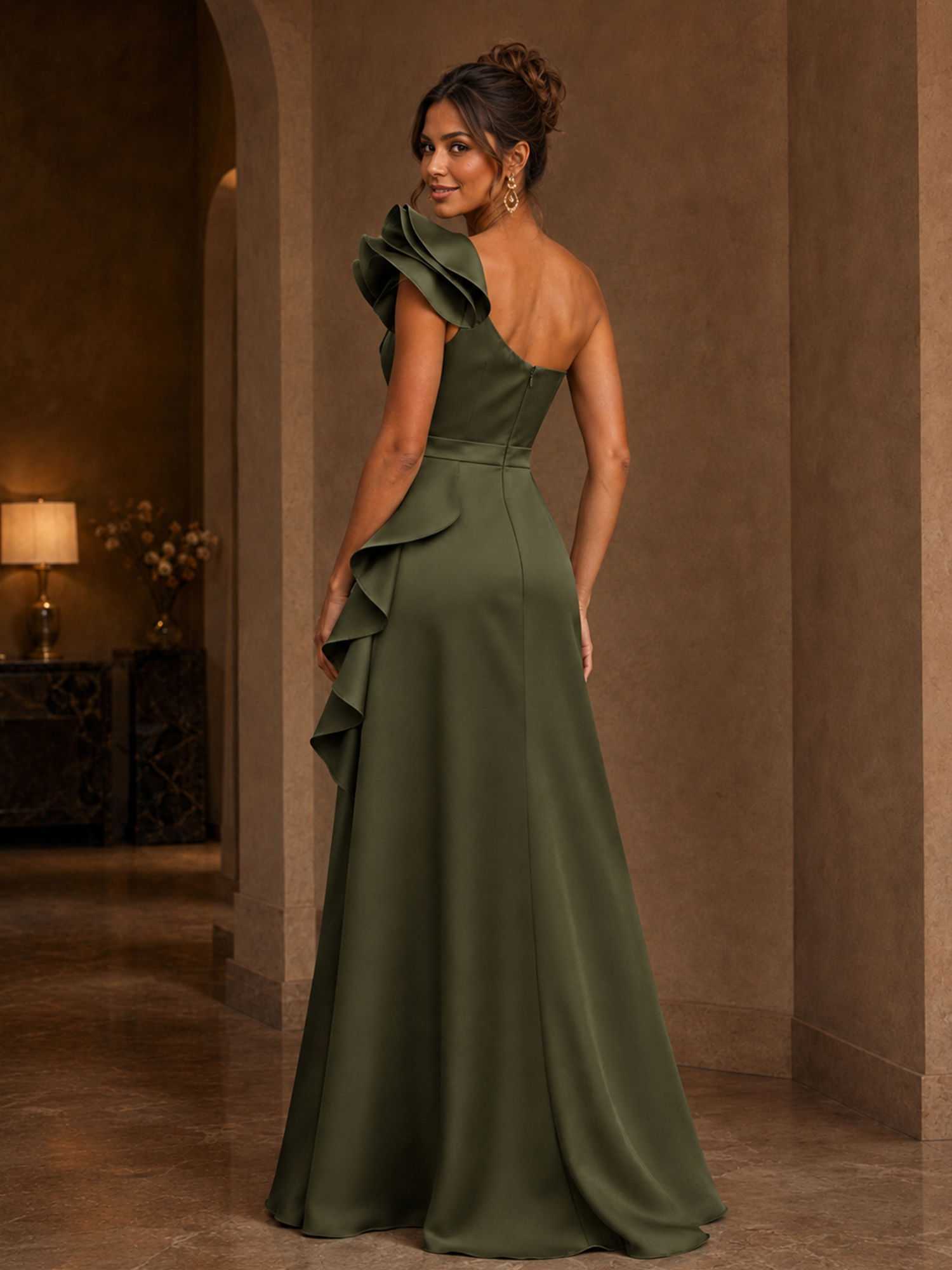 Olive Green One Shoulder 3D Ruffle Satin High Slit A-Line Maxi Gown