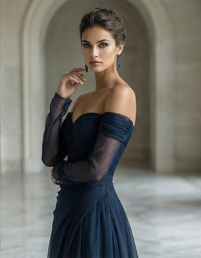 Navy Blue Chiffon Off-shoulder Long Sleeve Maxi Dress