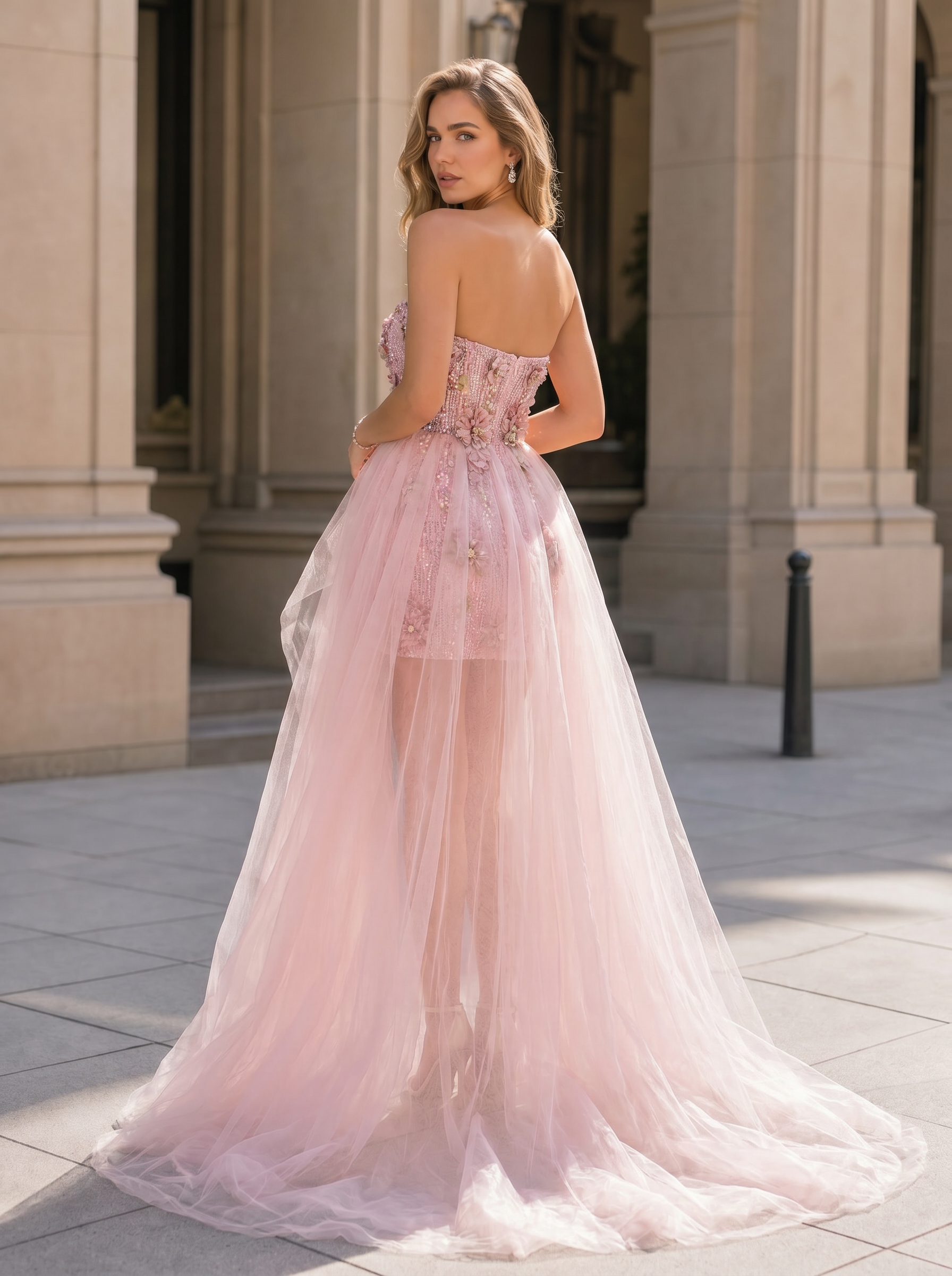 3D Floral Appliqués Strapless Blush Pink Tulle Dresses with Detachable Overskirt