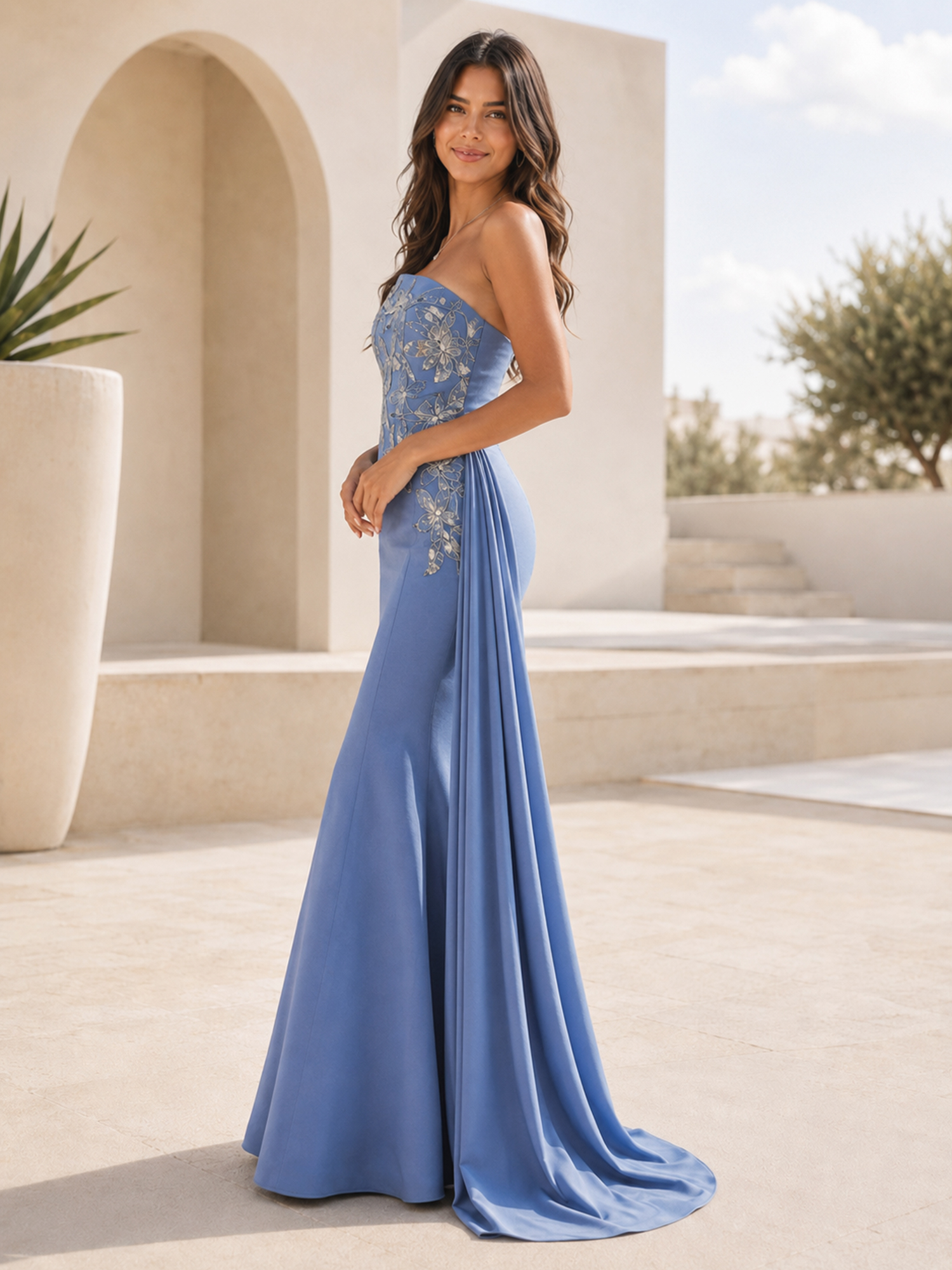 Strapless Floral Appliqued Mermaid Evening Gown With Draped Side Sash Train