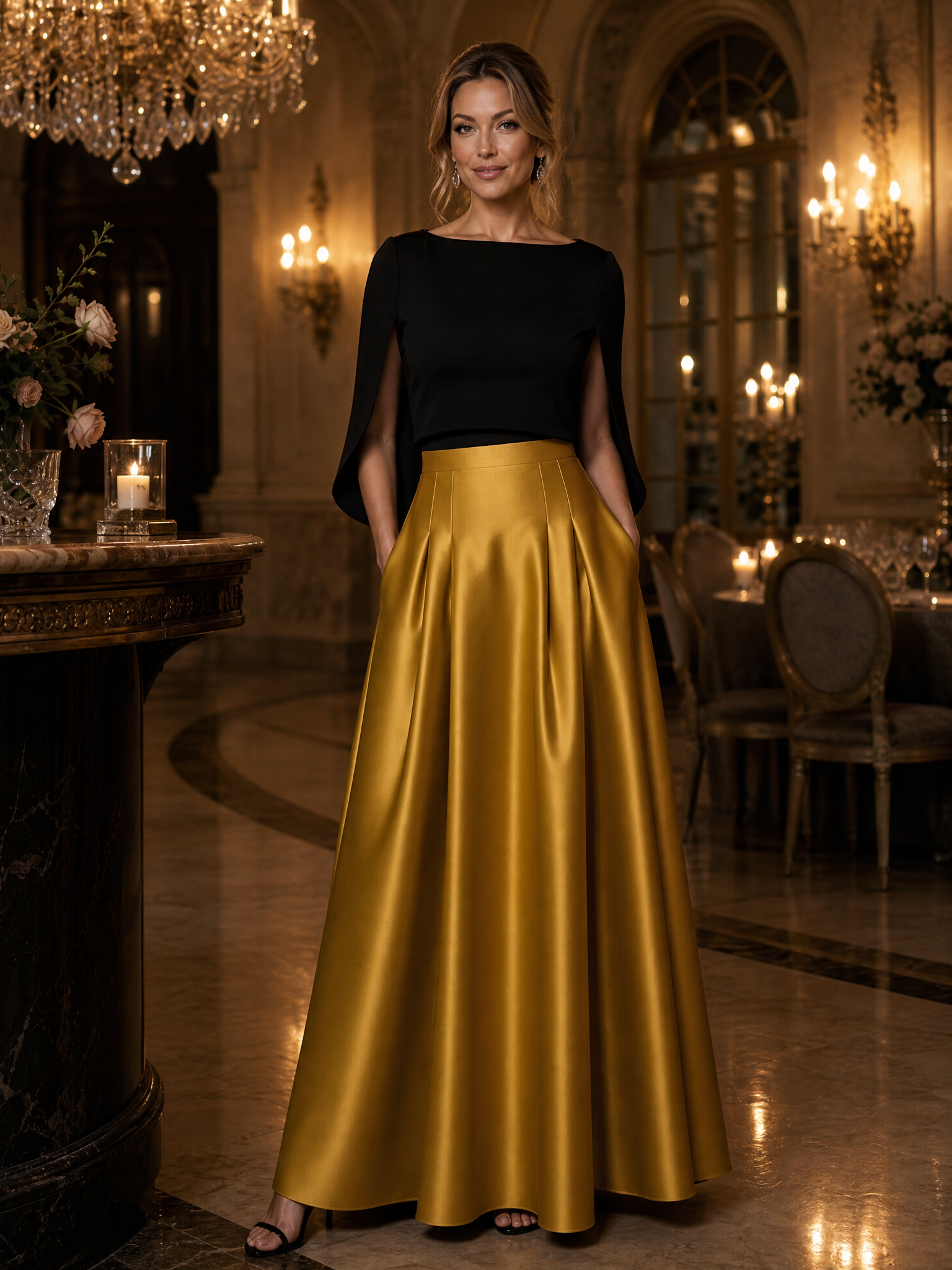 Evening Formal Dress Gold A-Line Crew Neck Satin Two-piece dress