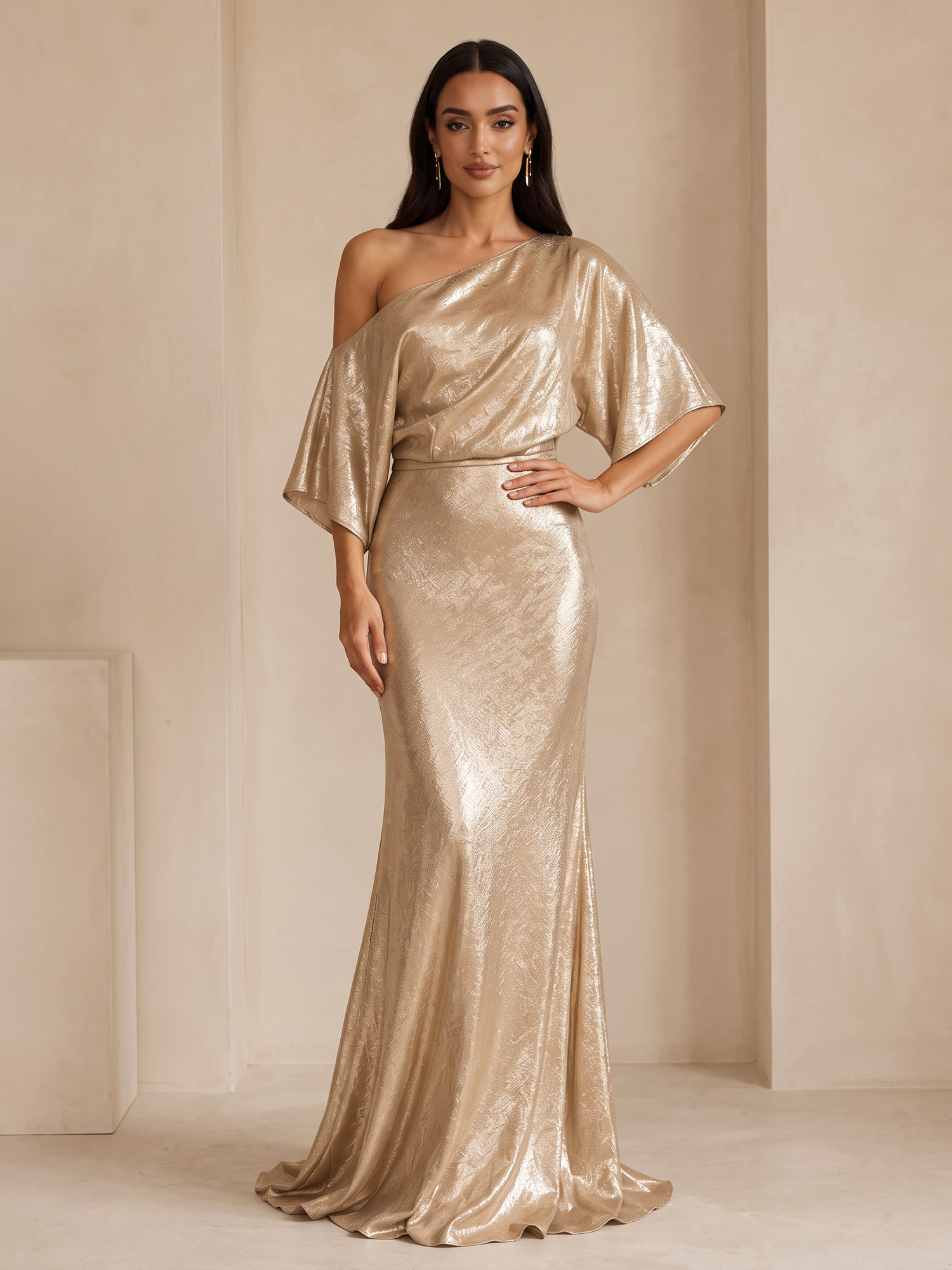 Champagne Gold Metallic One‑Shoulder Dolman Sleeve Mermaid Evening Gown