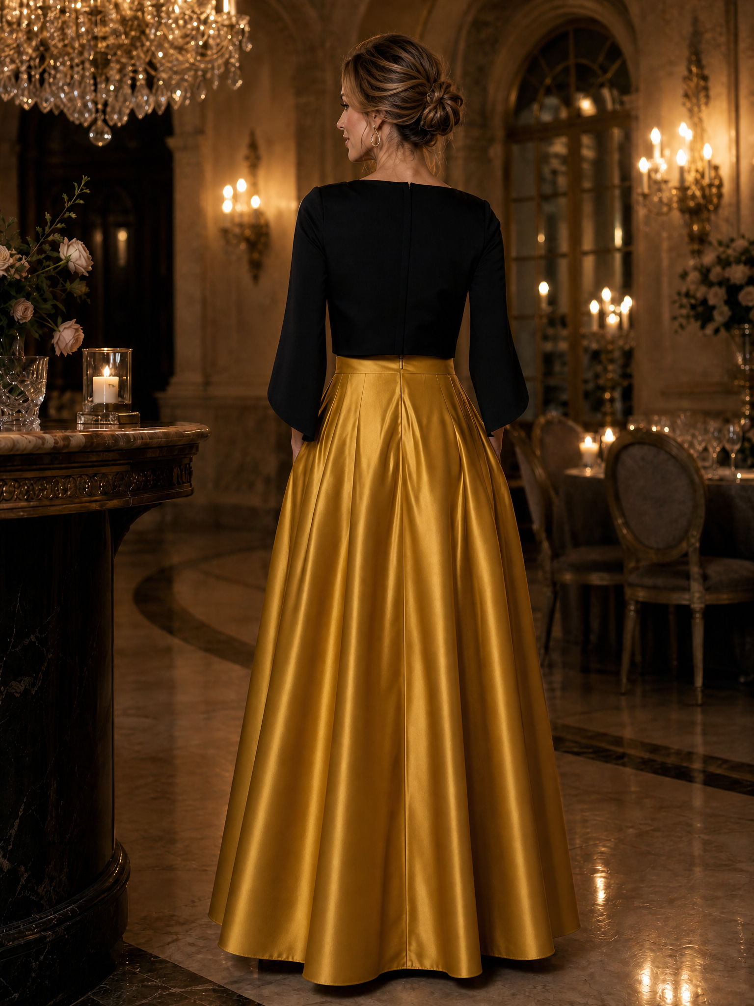 Evening Formal Dress Gold A-Line Crew Neck Satin Two-piece dress