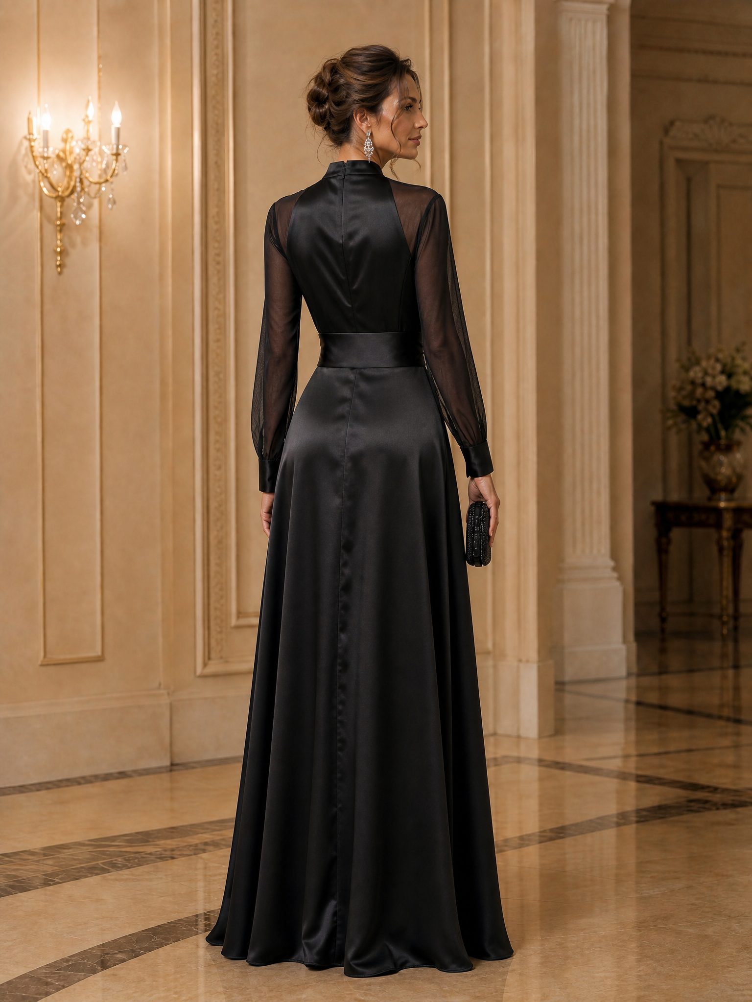 Elegant Black Satin Sheer-Sleeve High-Slit Evening Gown