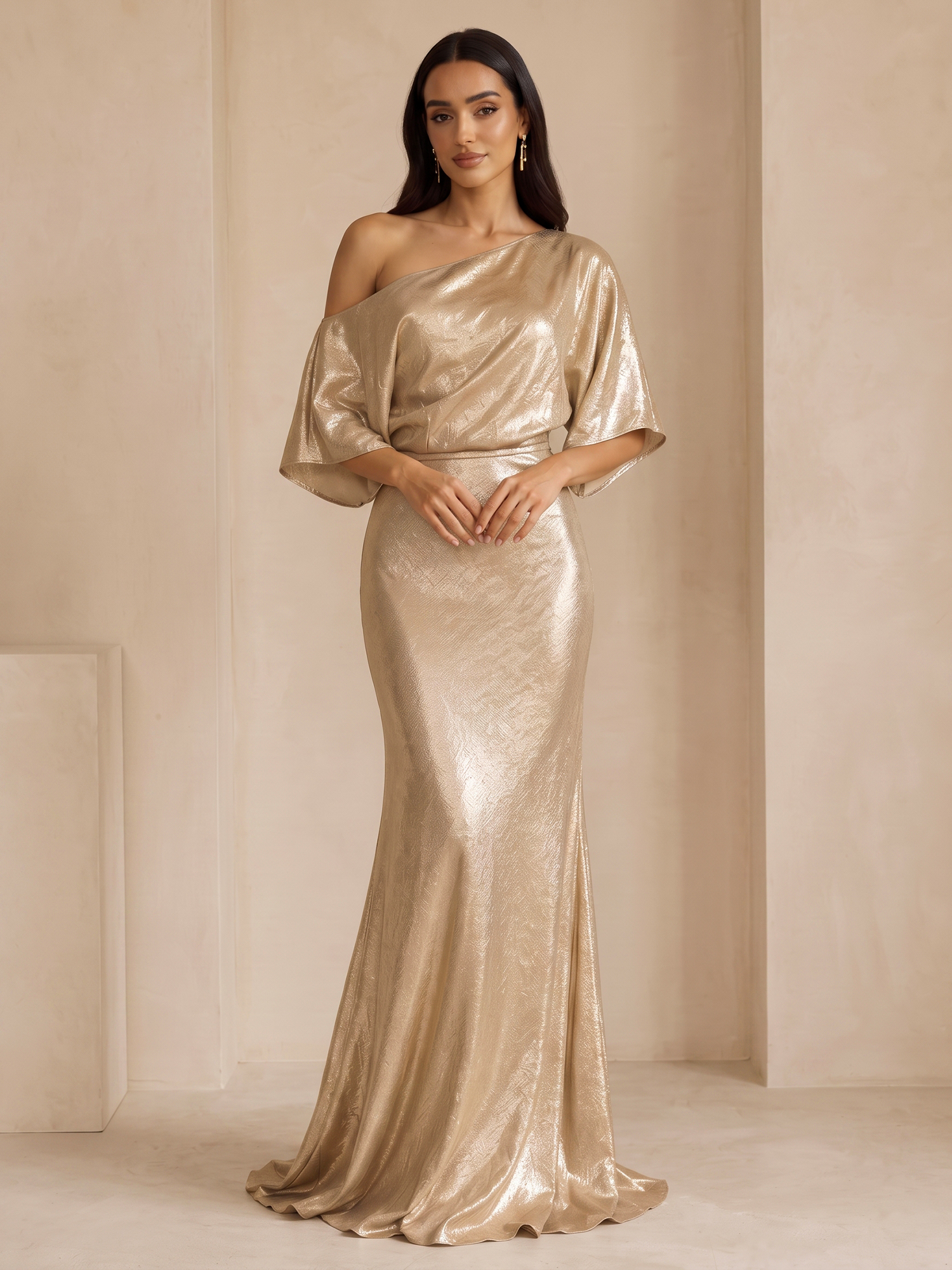 Champagne Gold Metallic One‑Shoulder Dolman Sleeve Mermaid Evening Gown