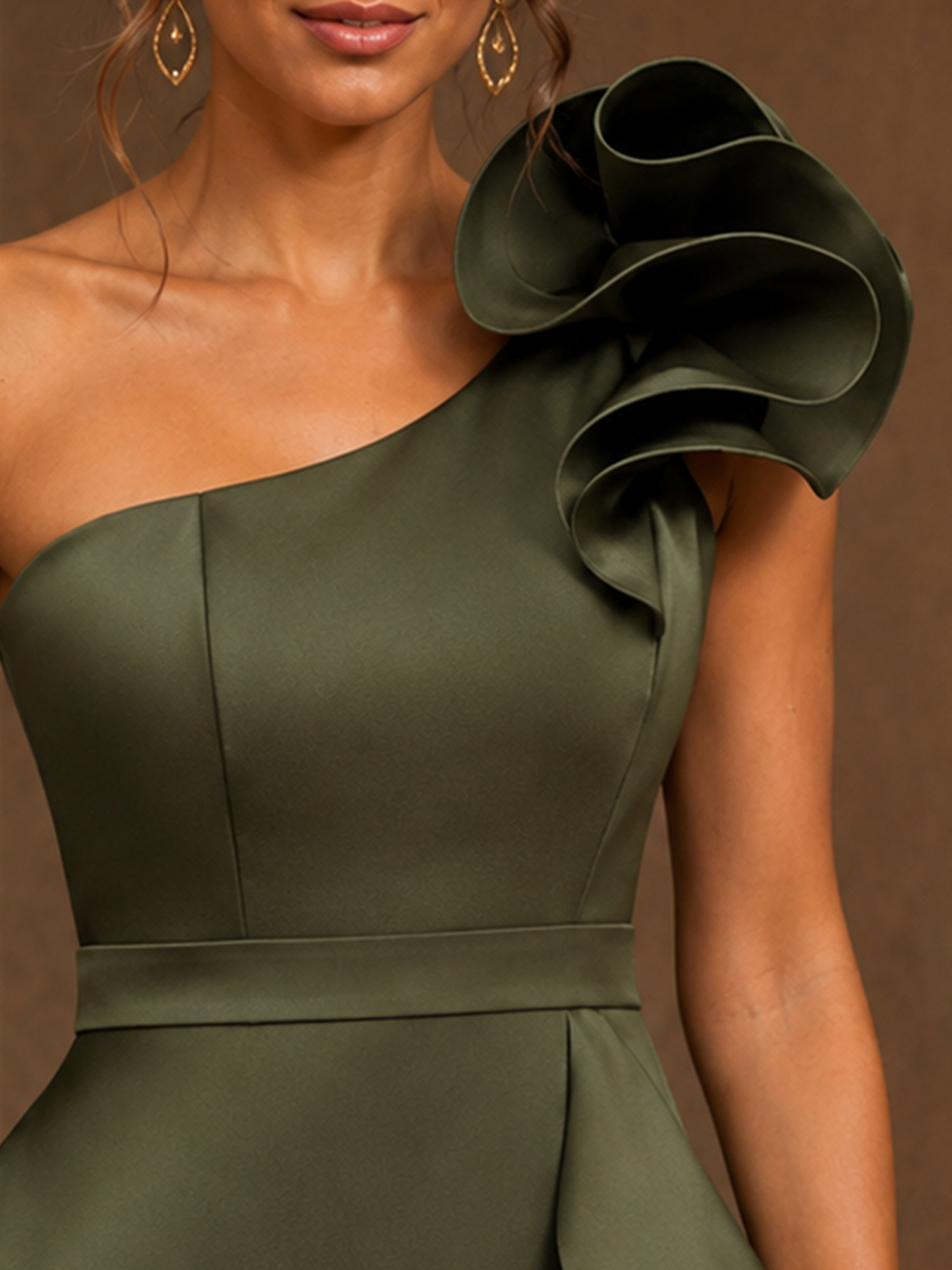 Olive Green One Shoulder 3D Ruffle Satin High Slit A-Line Maxi Gown