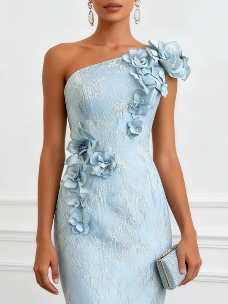 Light Blue 3D Floral Jacquard Classic One Shoulder Sleeveless Mermaid Gown Dress