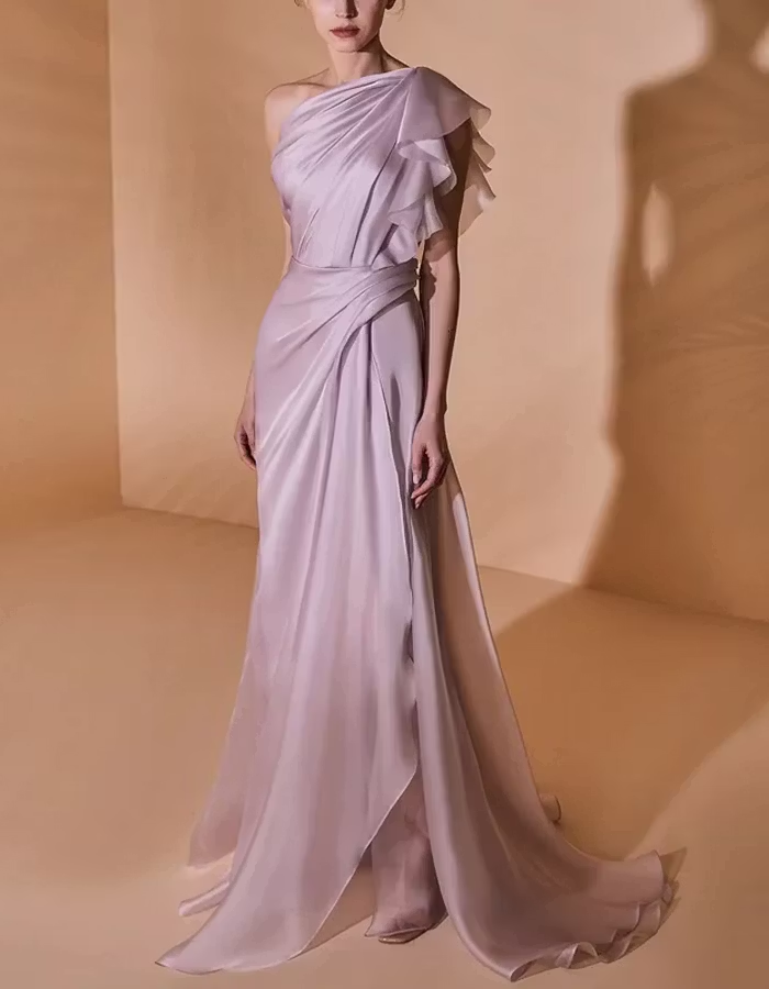 Lavender One-Shoulder Ruffled Draped Maxi Dress