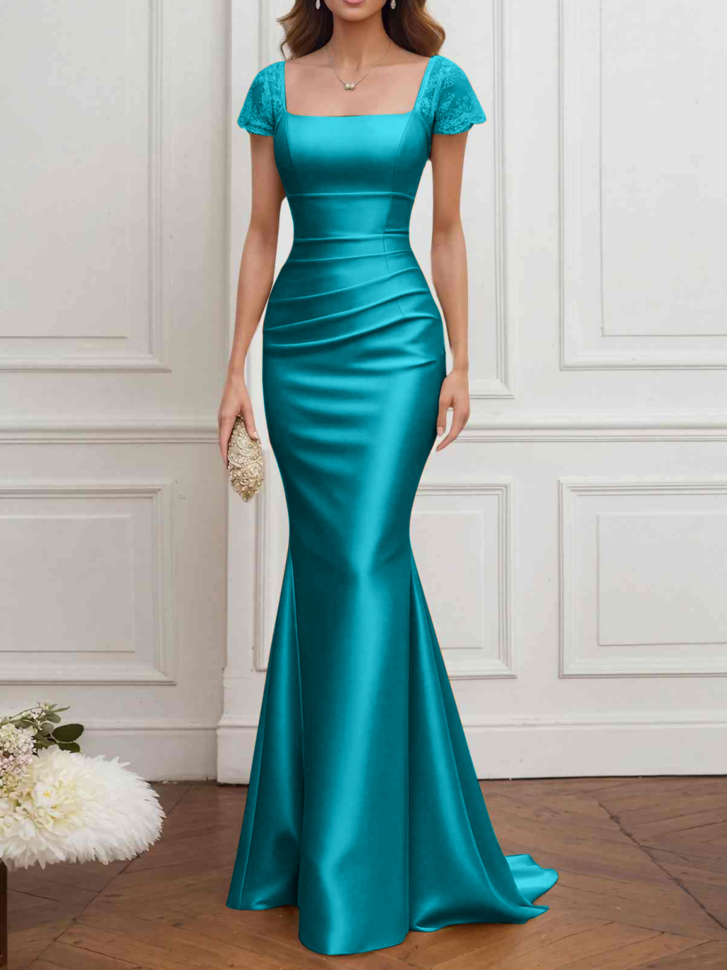 Formal ​Wedding Guest Dress Gold Square Neck Satin Maxi Dress
