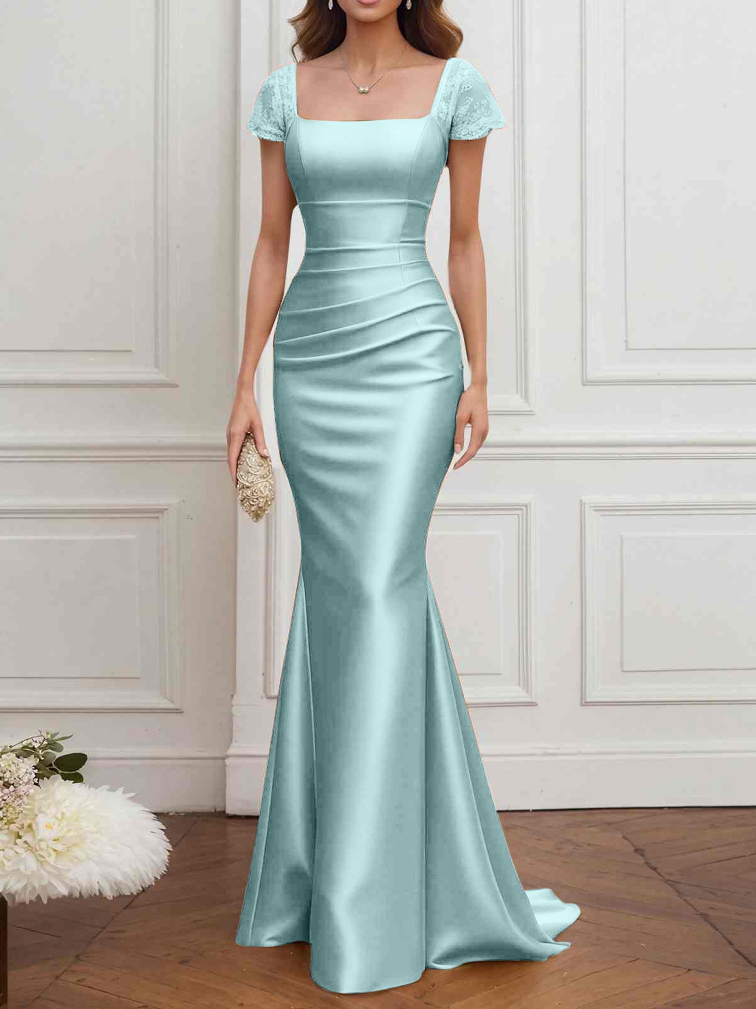 Formal ​Wedding Guest Dress Gold Square Neck Satin Maxi Dress