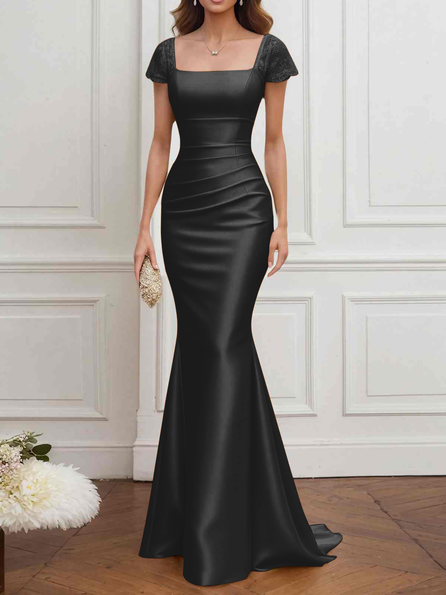 Formal ​Wedding Guest Dress Gold Square Neck Satin Maxi Dress