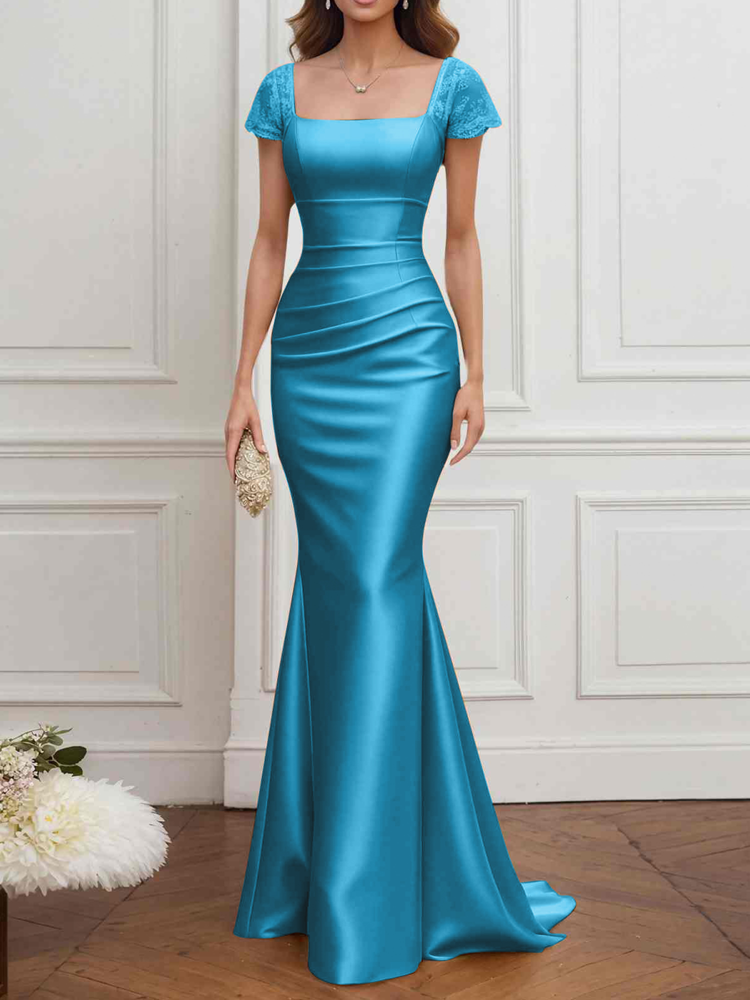Formal ​Wedding Guest Dress Gold Square Neck Satin Maxi Dress