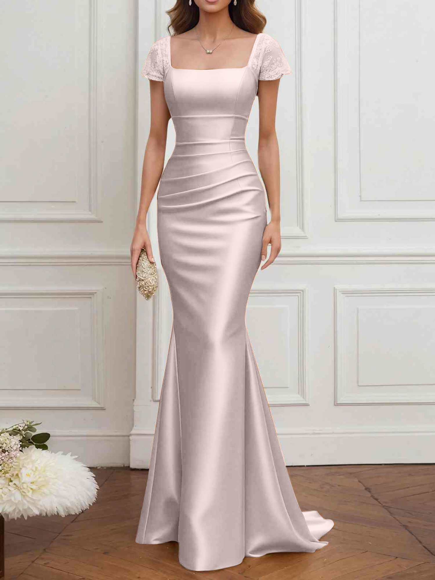 Formal ​Wedding Guest Dress Gold Square Neck Satin Maxi Dress