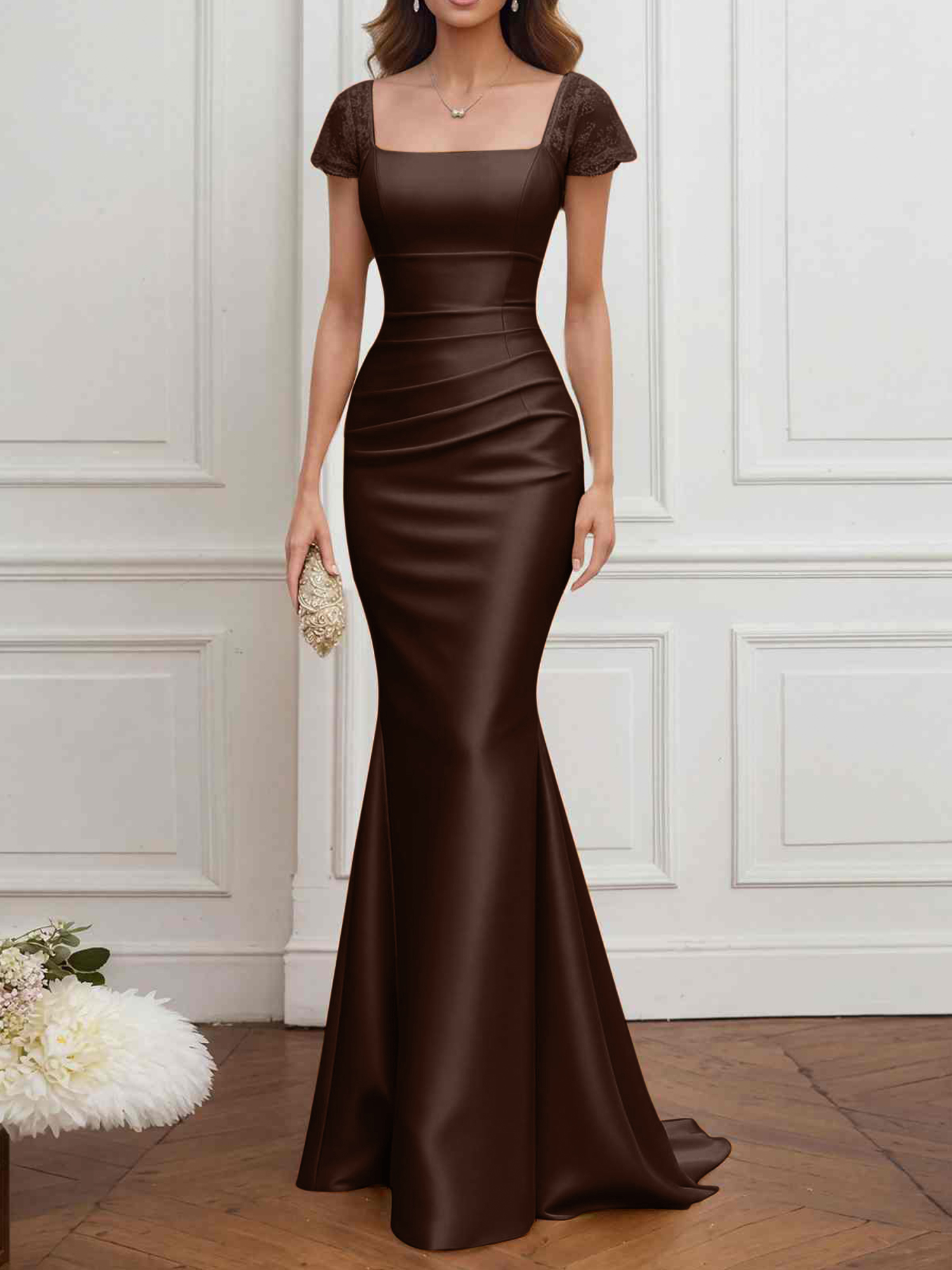 Formal ​Wedding Guest Dress Gold Square Neck Satin Maxi Dress