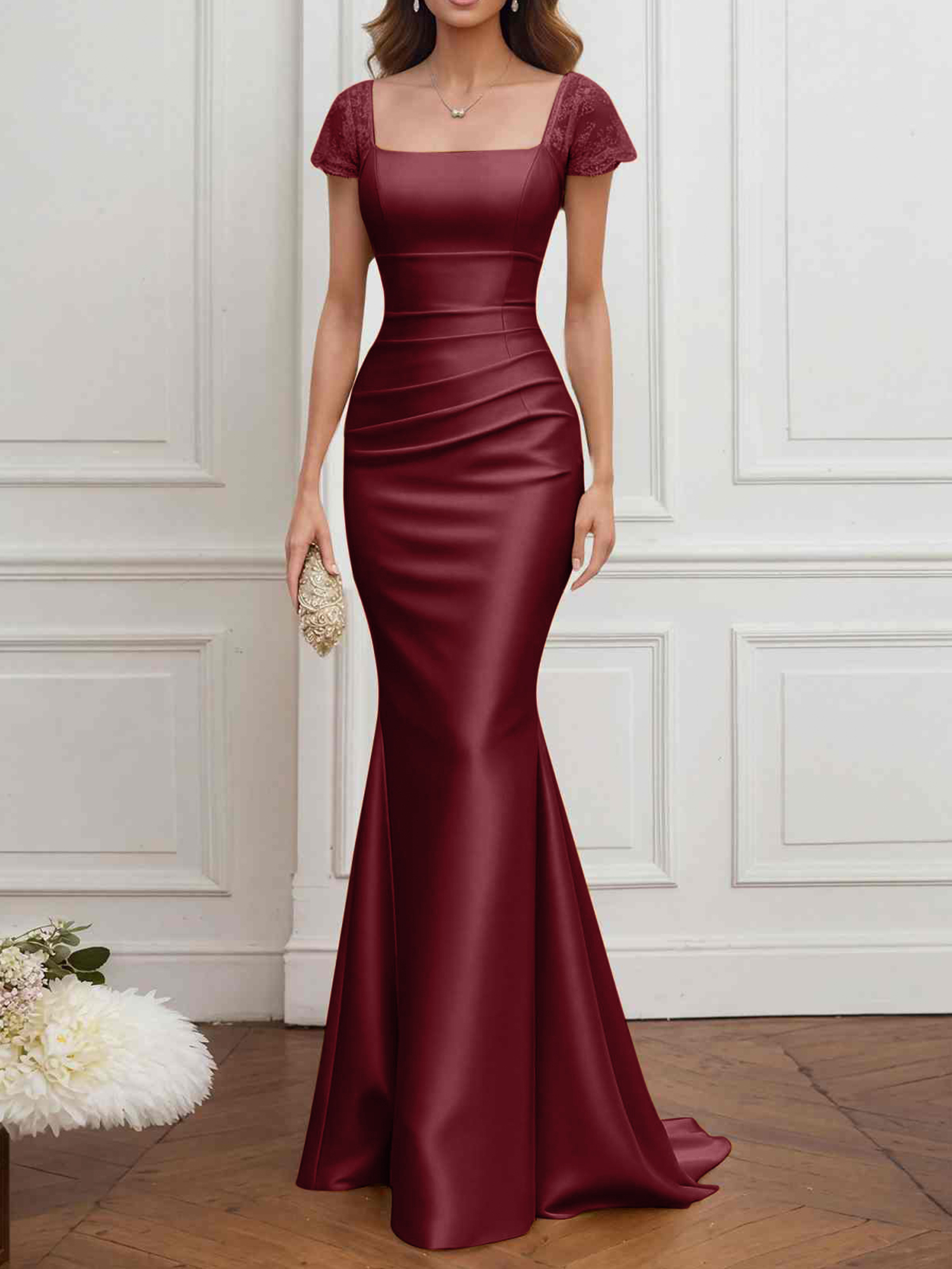 Formal ​Wedding Guest Dress Gold Square Neck Satin Maxi Dress