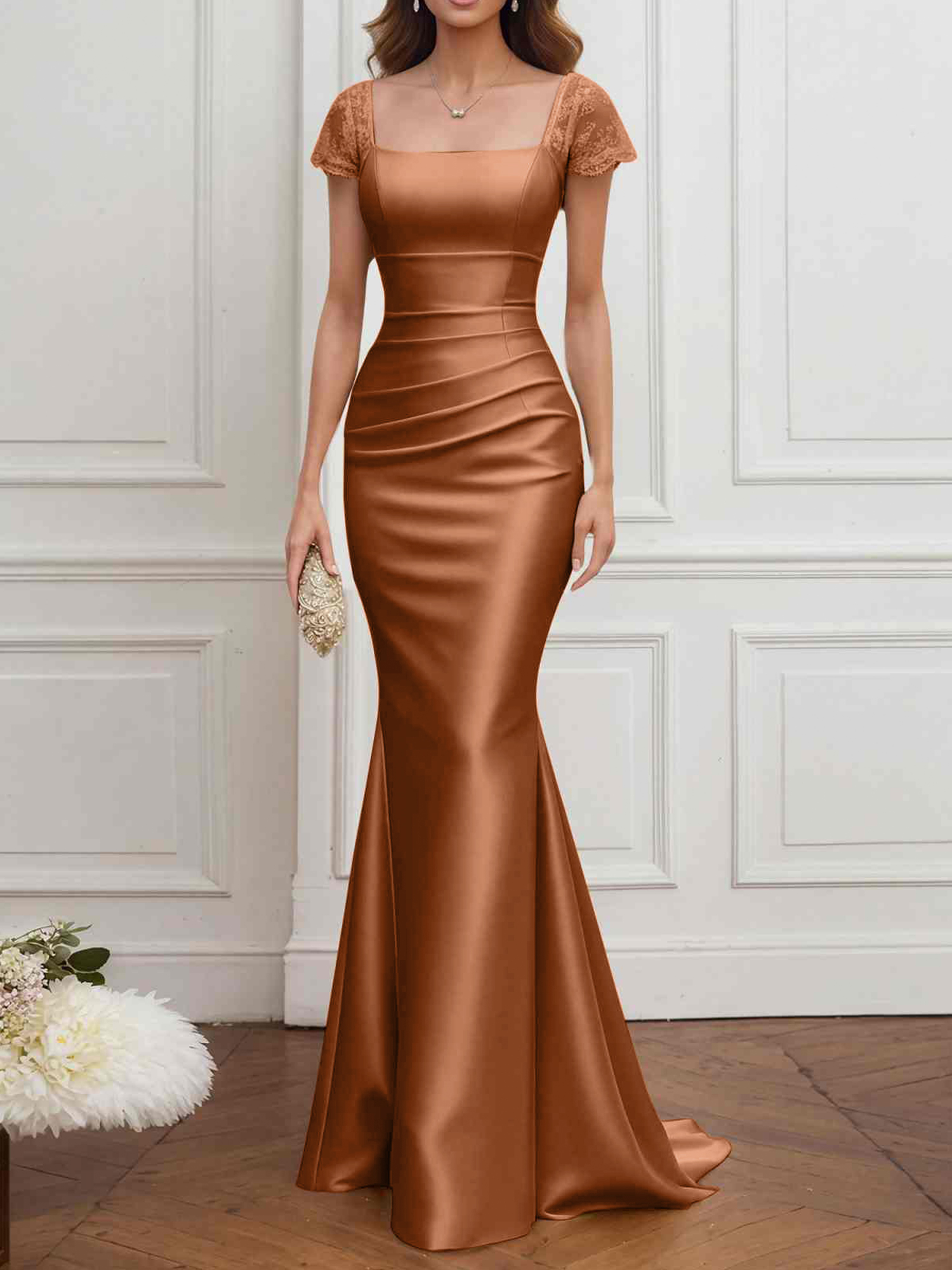 Formal ​Wedding Guest Dress Gold Square Neck Satin Maxi Dress