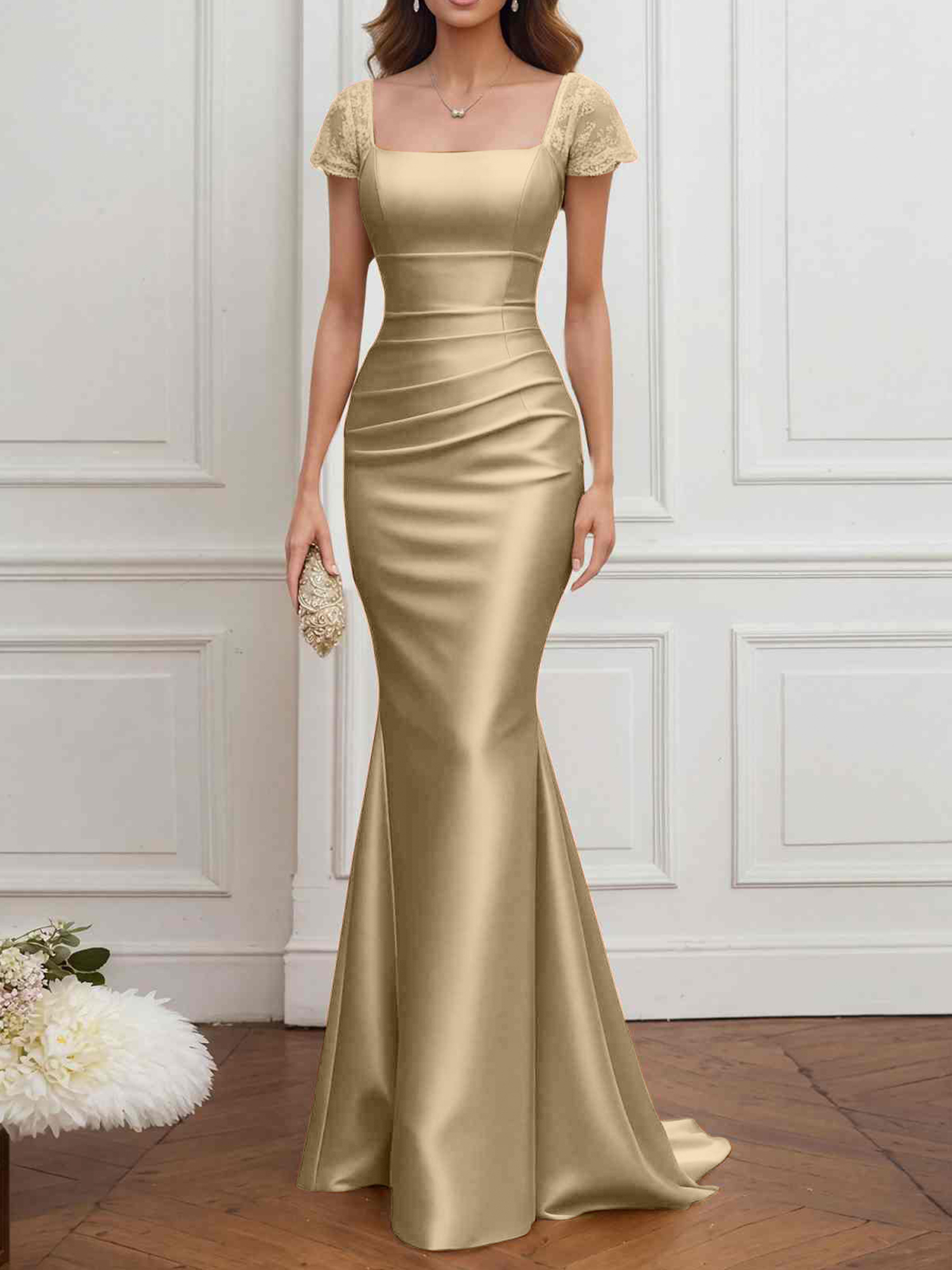 Formal ​Wedding Guest Dress Gold Square Neck Satin Maxi Dress