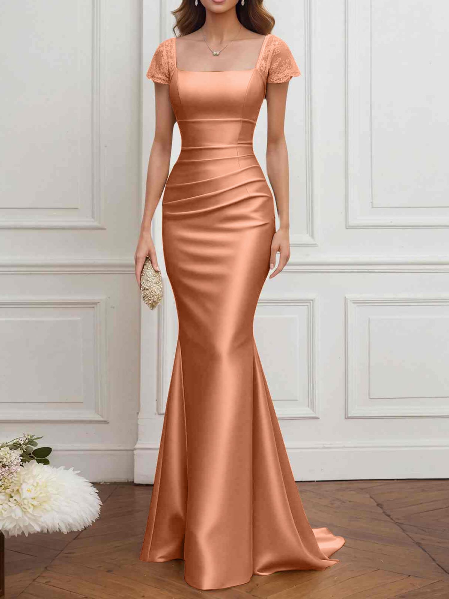 Formal ​Wedding Guest Dress Gold Square Neck Satin Maxi Dress