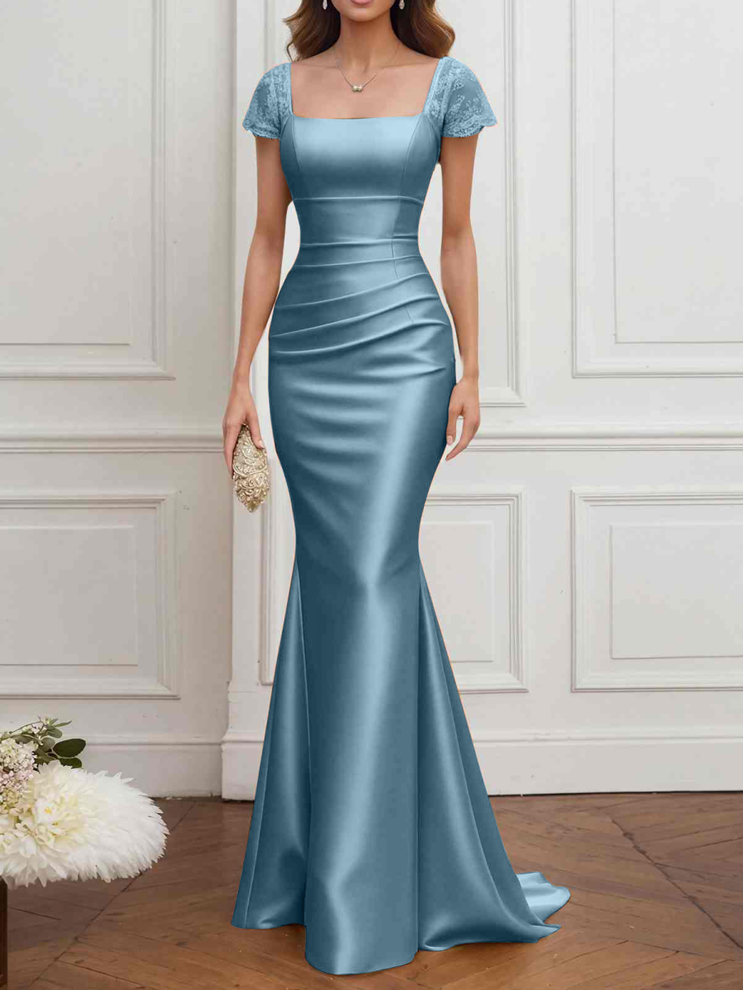 Formal ​Wedding Guest Dress Gold Square Neck Satin Maxi Dress