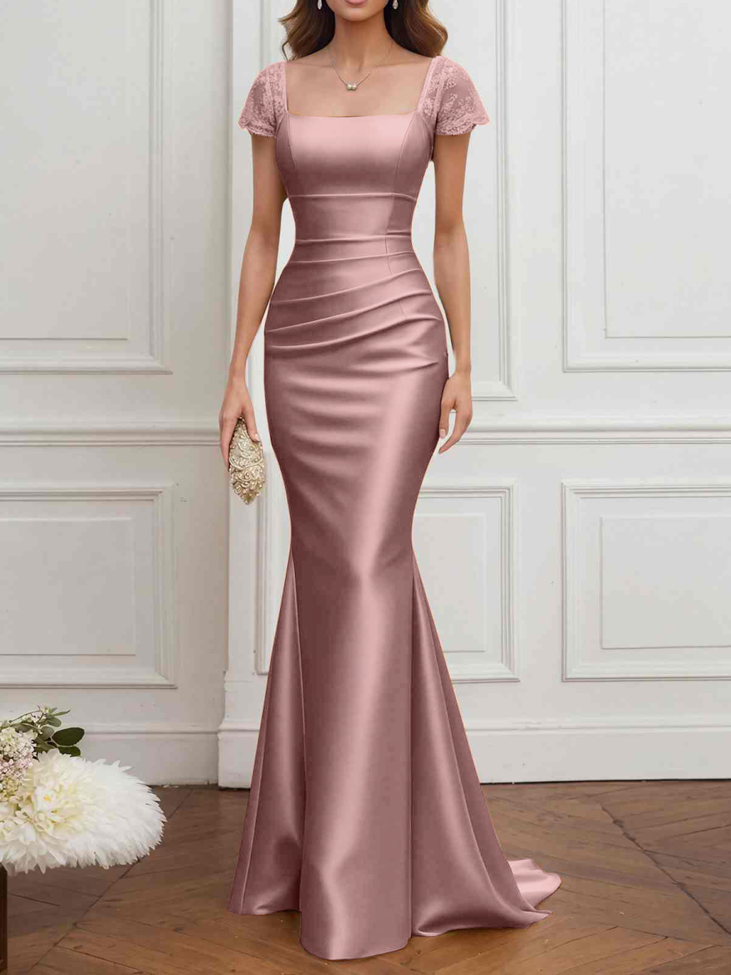 Formal ​Wedding Guest Dress Gold Square Neck Satin Maxi Dress