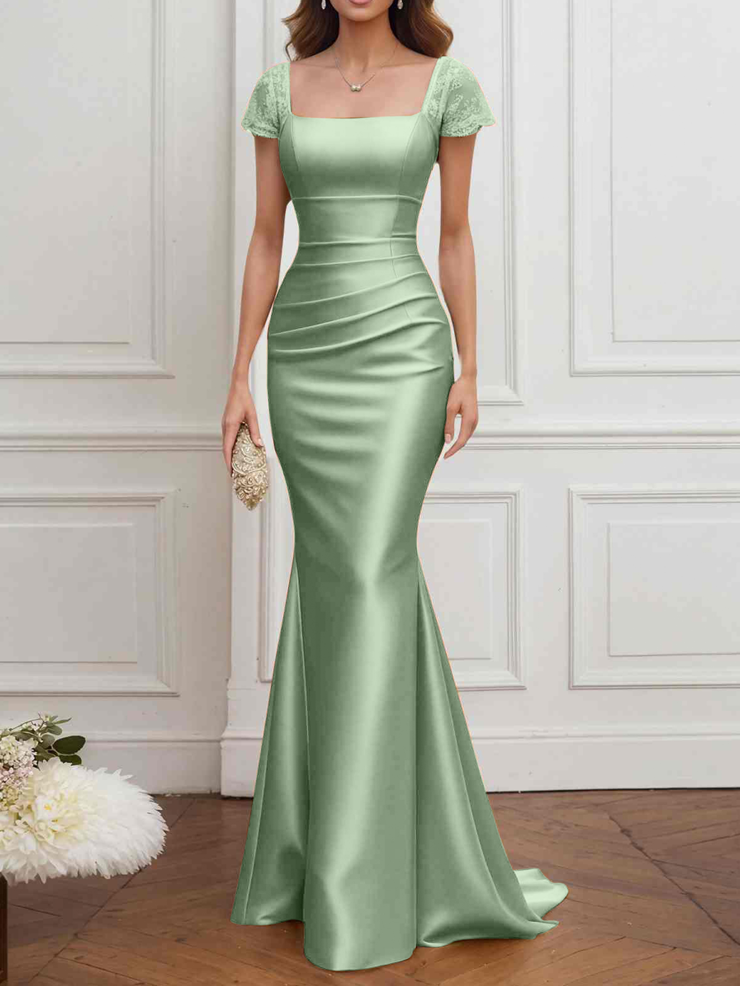Formal ​Wedding Guest Dress Gold Square Neck Satin Maxi Dress