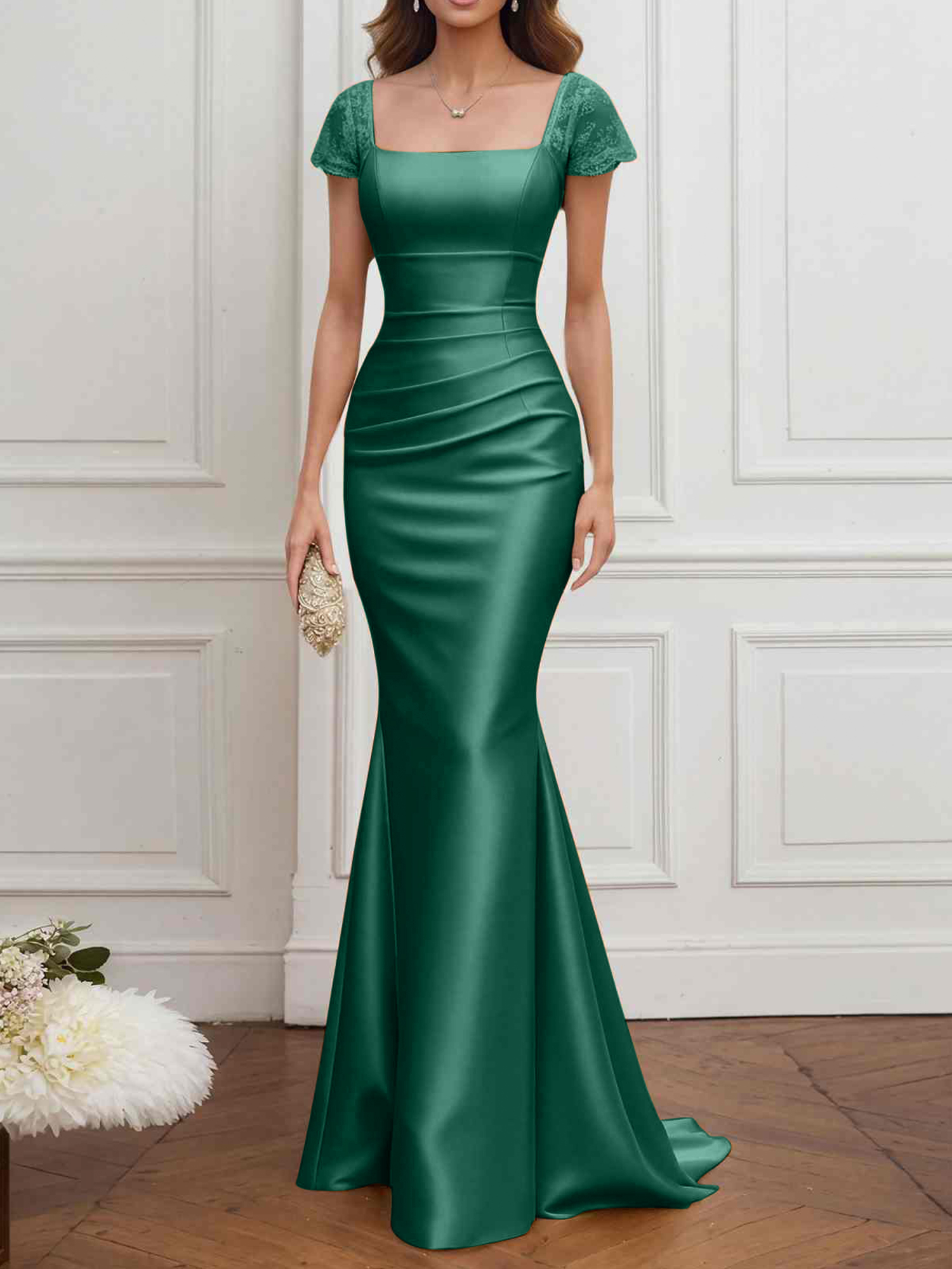 Formal ​Wedding Guest Dress Gold Square Neck Satin Maxi Dress