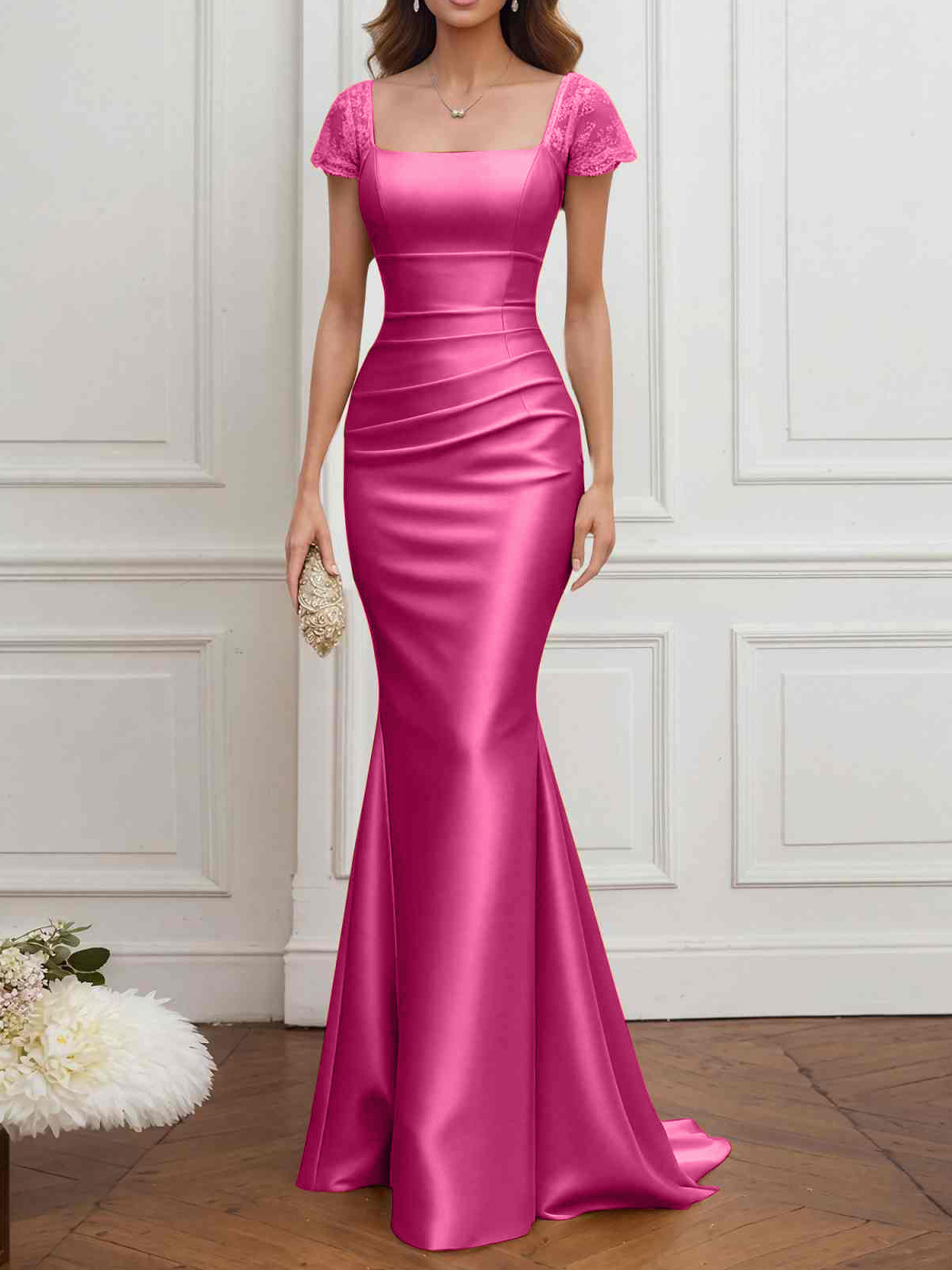 Formal ​Wedding Guest Dress Gold Square Neck Satin Maxi Dress