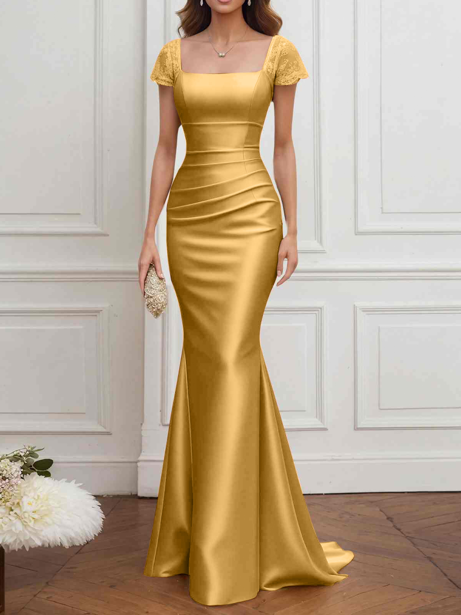 Formal ​Wedding Guest Dress Gold Square Neck Satin Maxi Dress