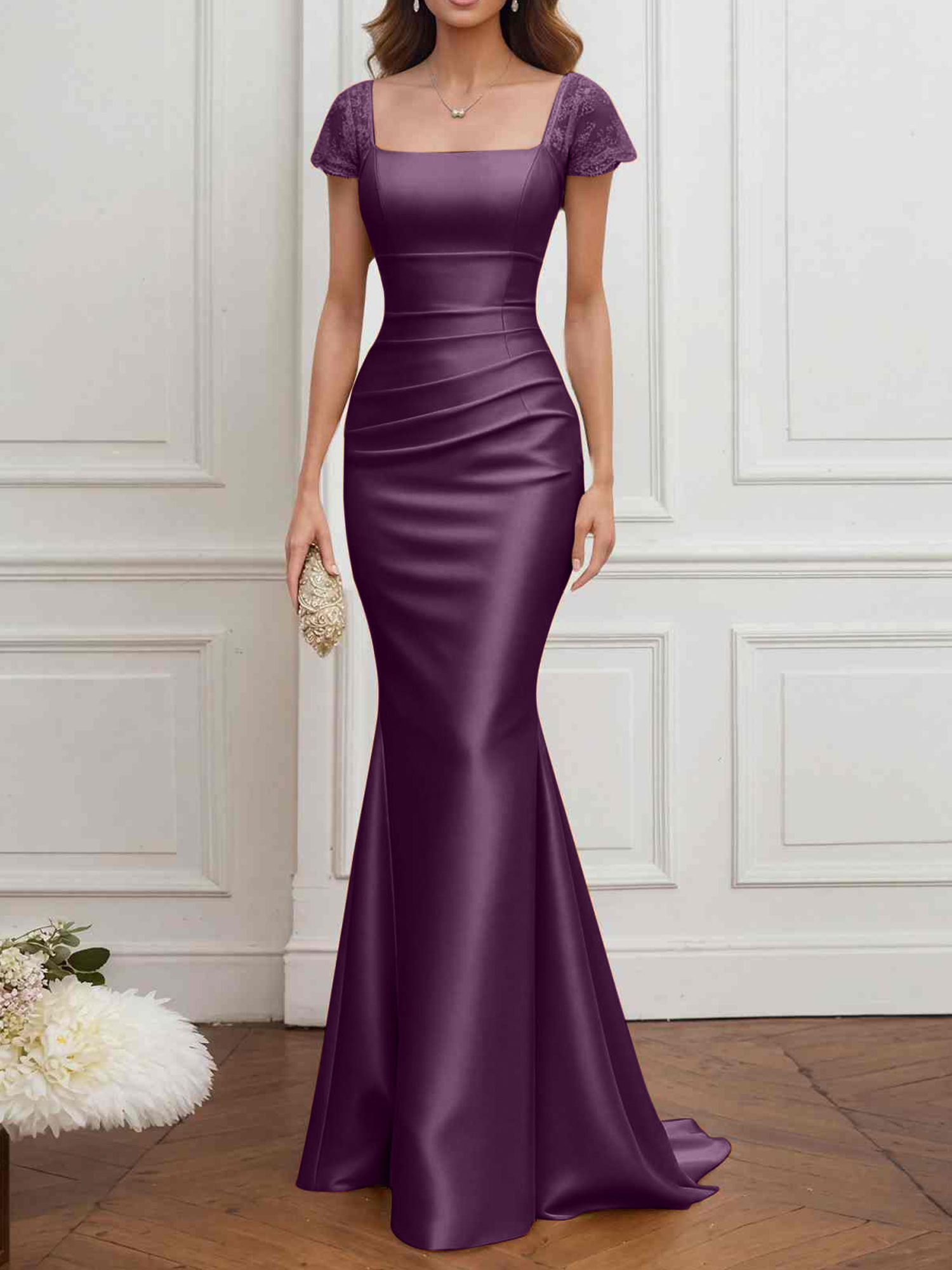 Formal ​Wedding Guest Dress Gold Square Neck Satin Maxi Dress
