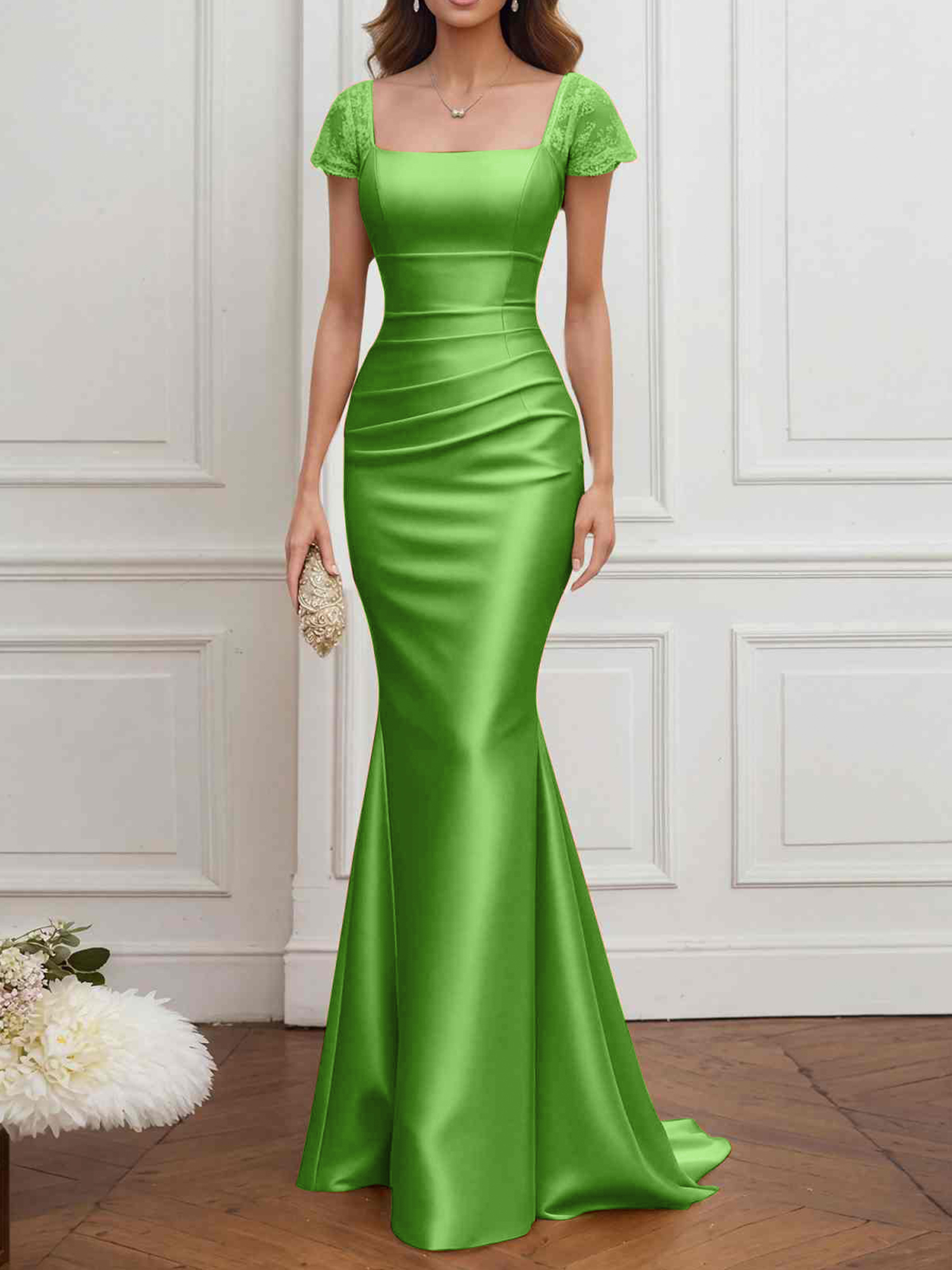 Formal ​Wedding Guest Dress Gold Square Neck Satin Maxi Dress