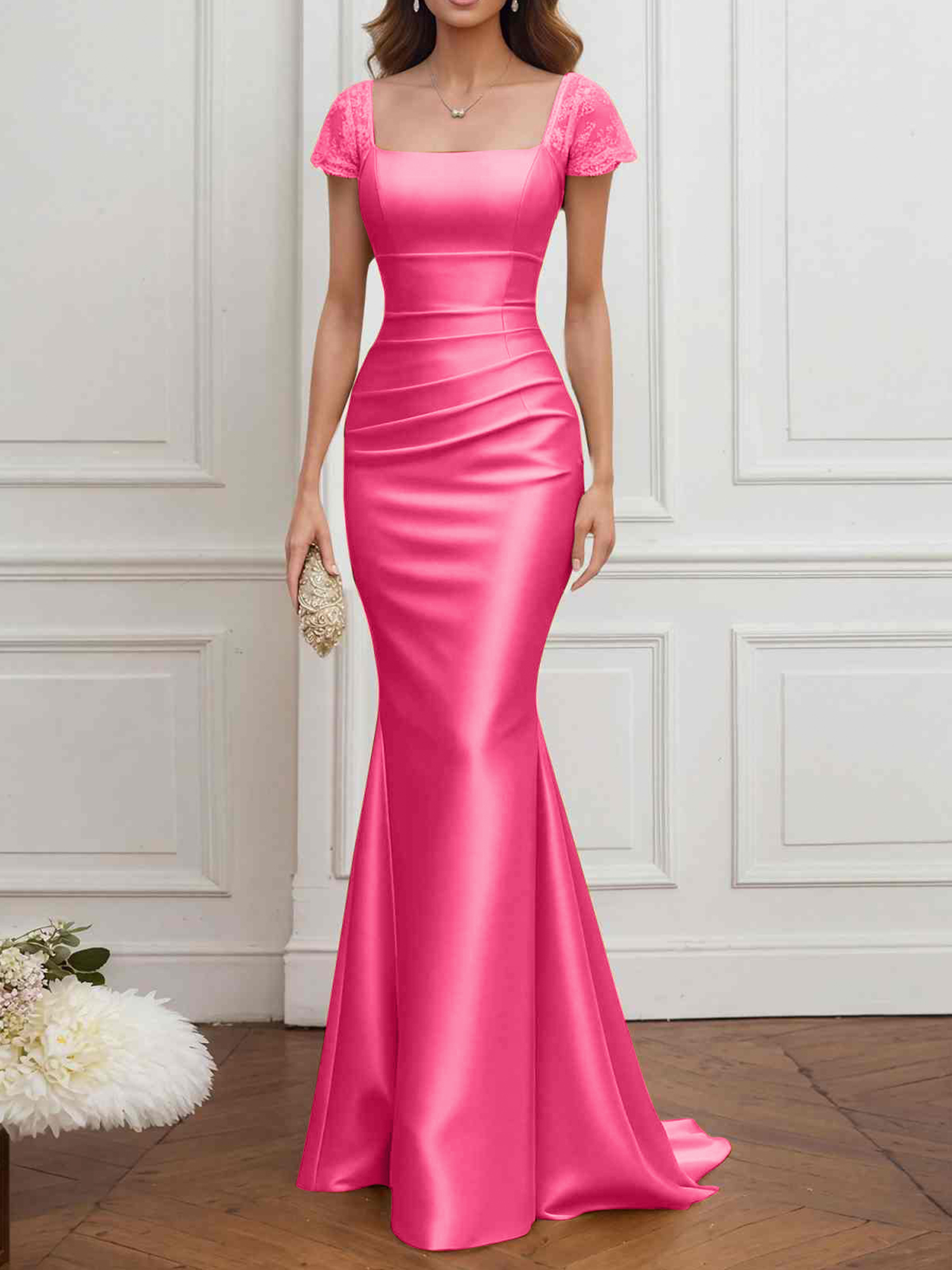 Formal ​Wedding Guest Dress Gold Square Neck Satin Maxi Dress