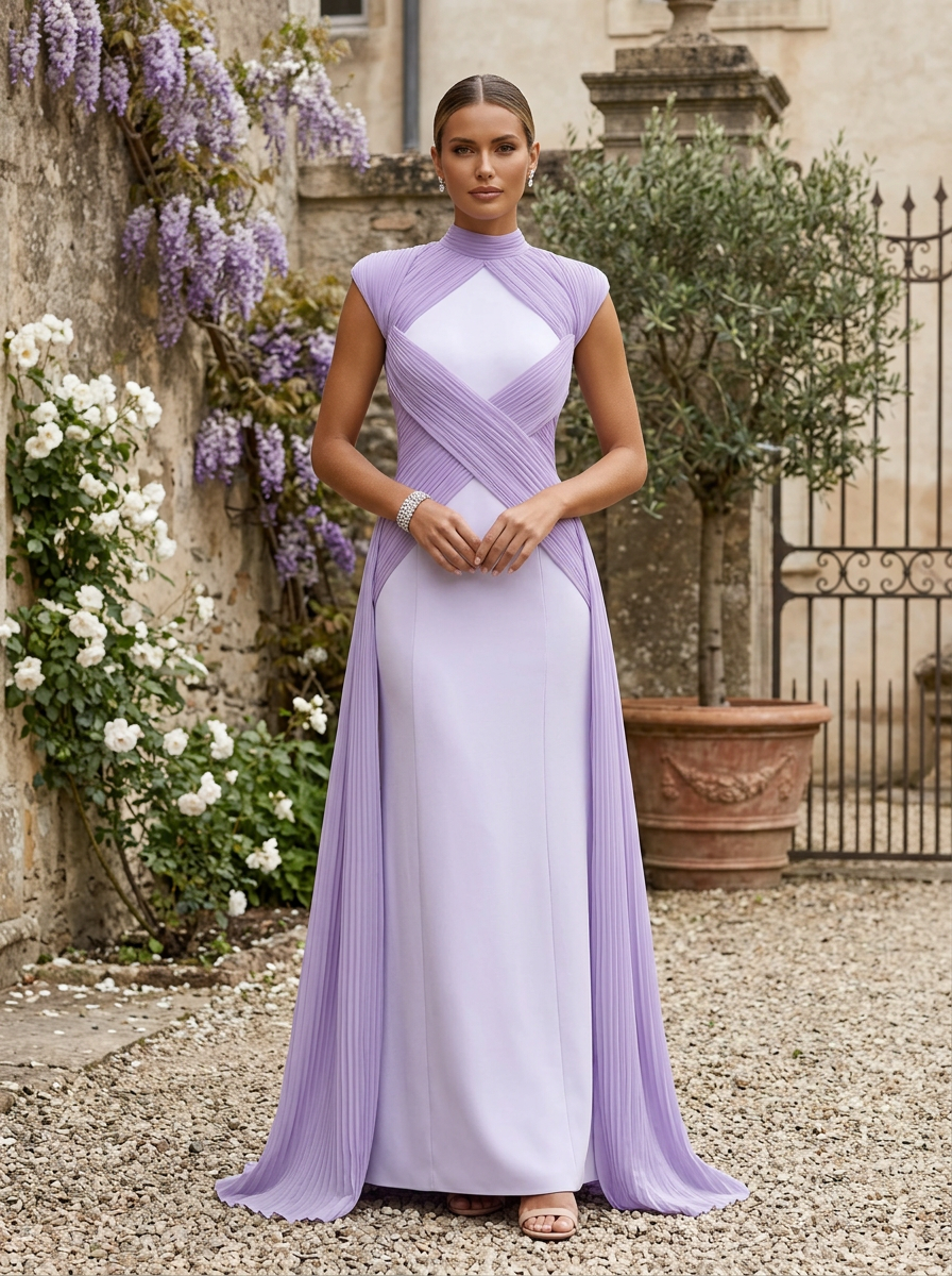 Formal Evening Dress Purple Stand Collar Pleated Train Maxi Gown