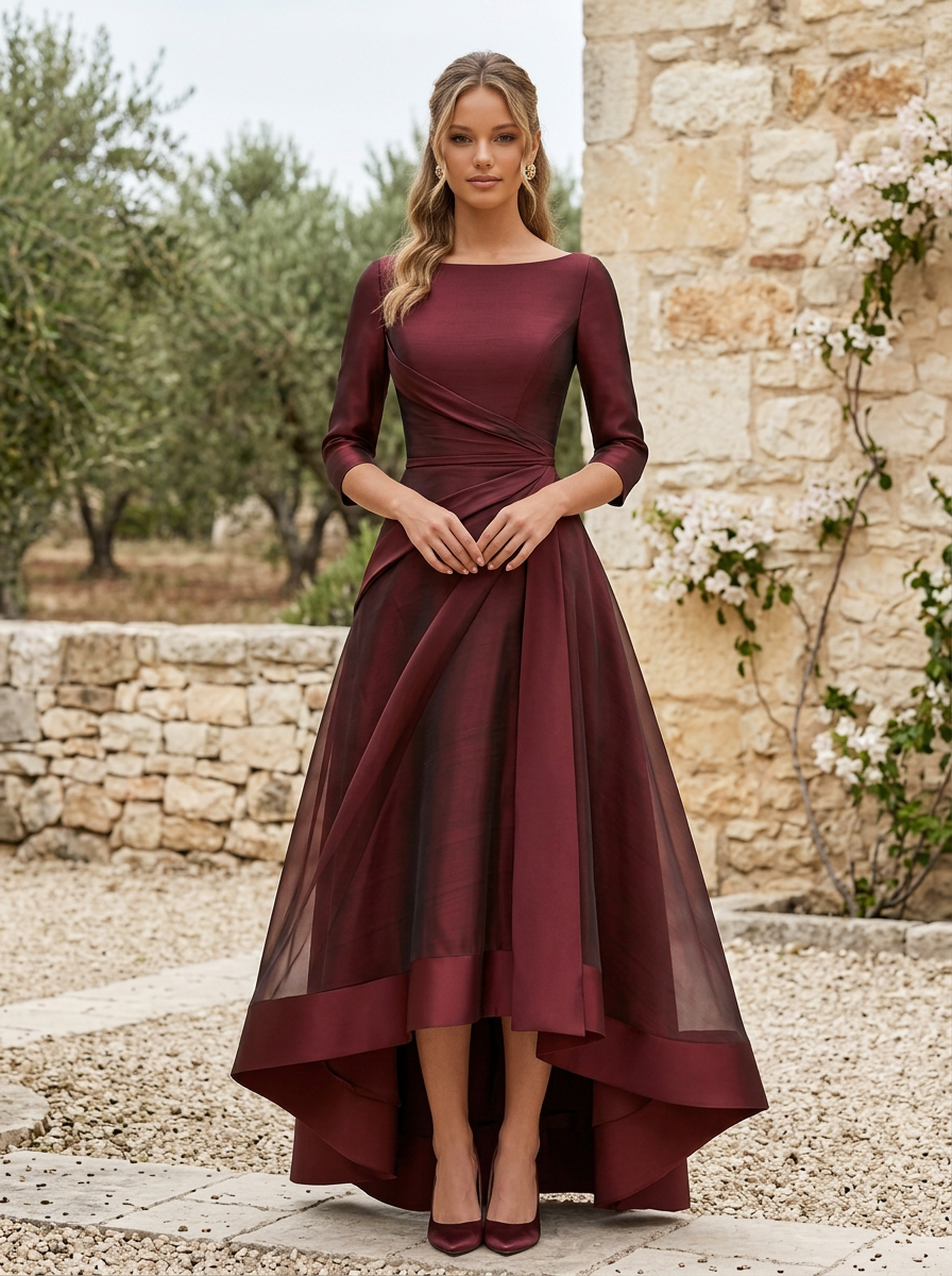 Draped Waist Organza High-Low Evening Dress