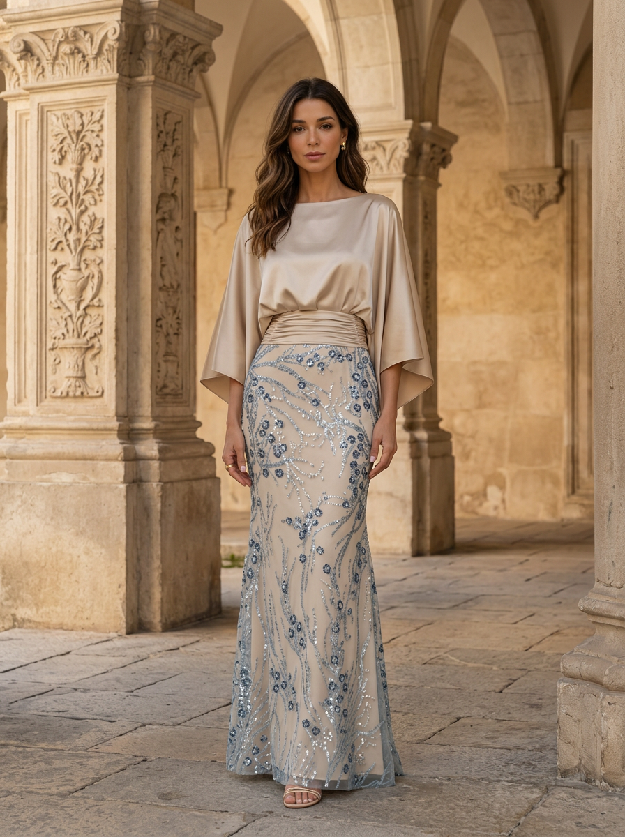 Champagne-colored Satin Cape-sleeved Maxi Dress