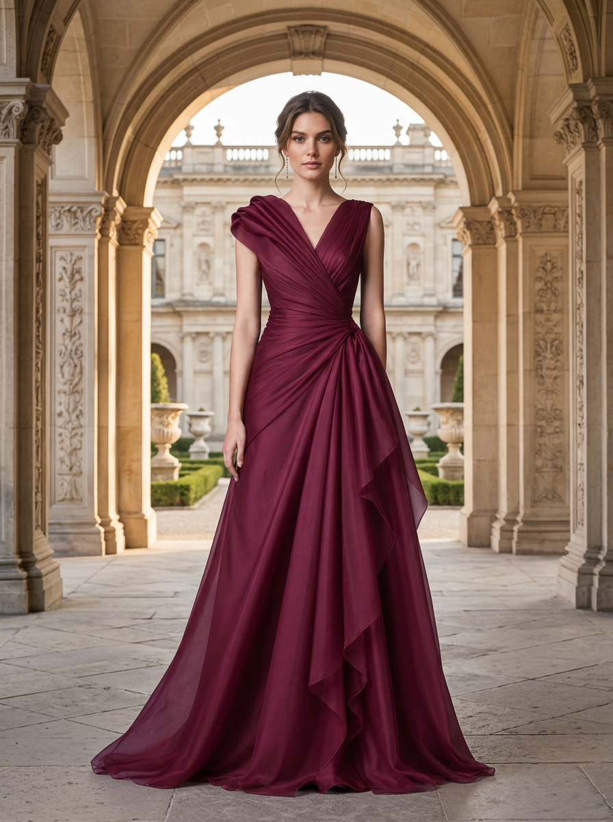 Wine Red Organza Sleeveless V neck Draped Cinched-Waist Maxi Dress