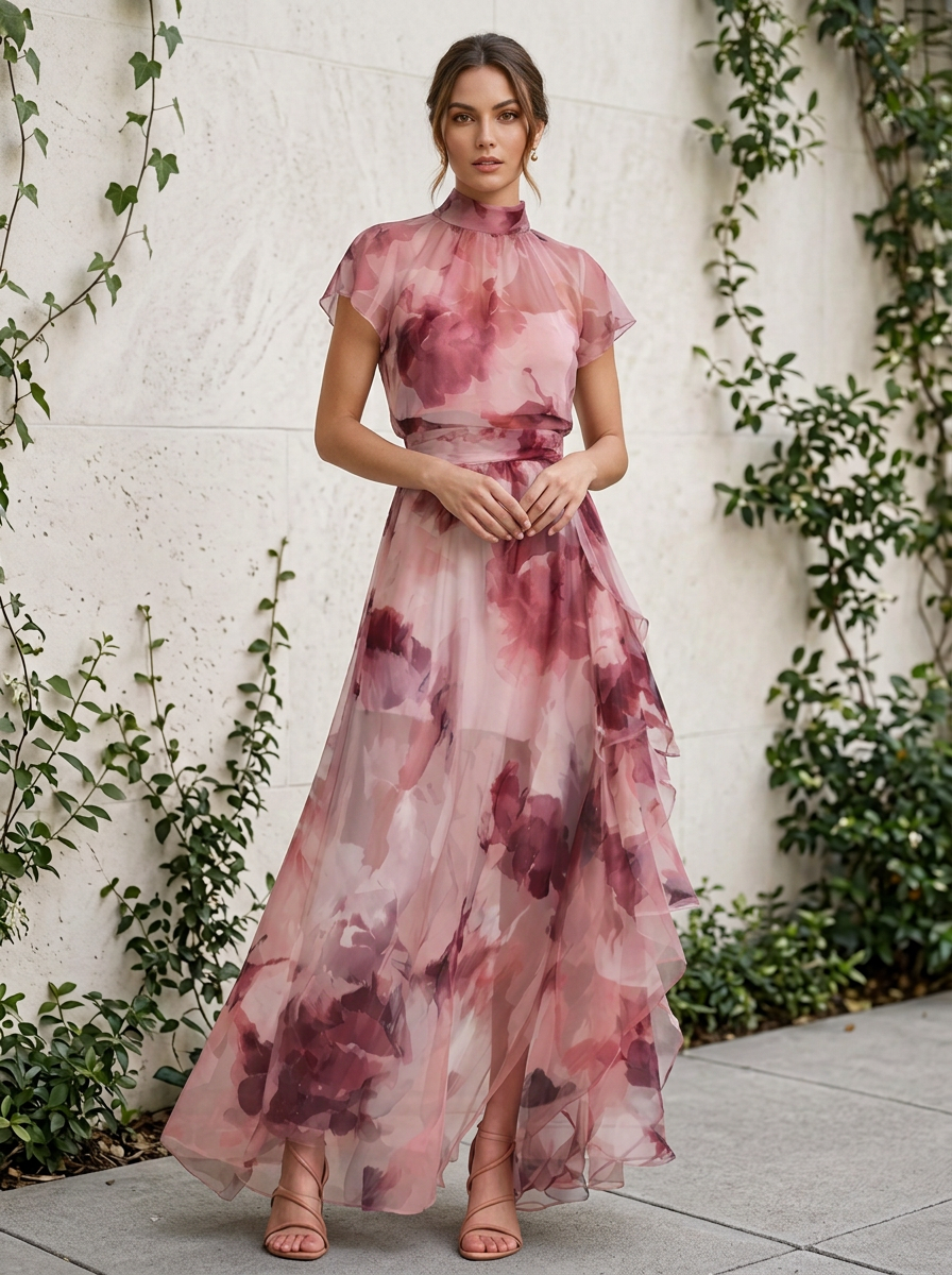 Pink Floral Print High Neck Chiffon Maxi Dress
